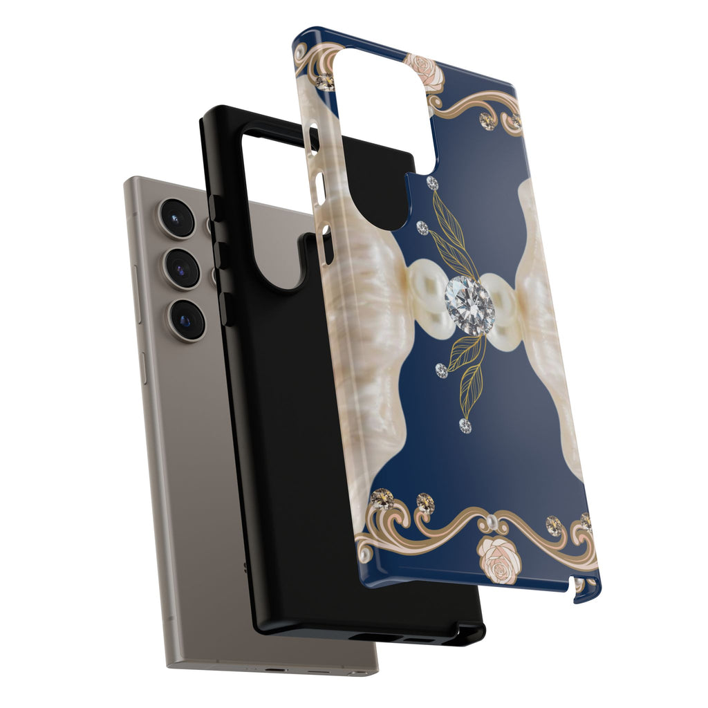 Navy Pearl & Diamond Phone Case — Elegant Floral Baroque Tough Case