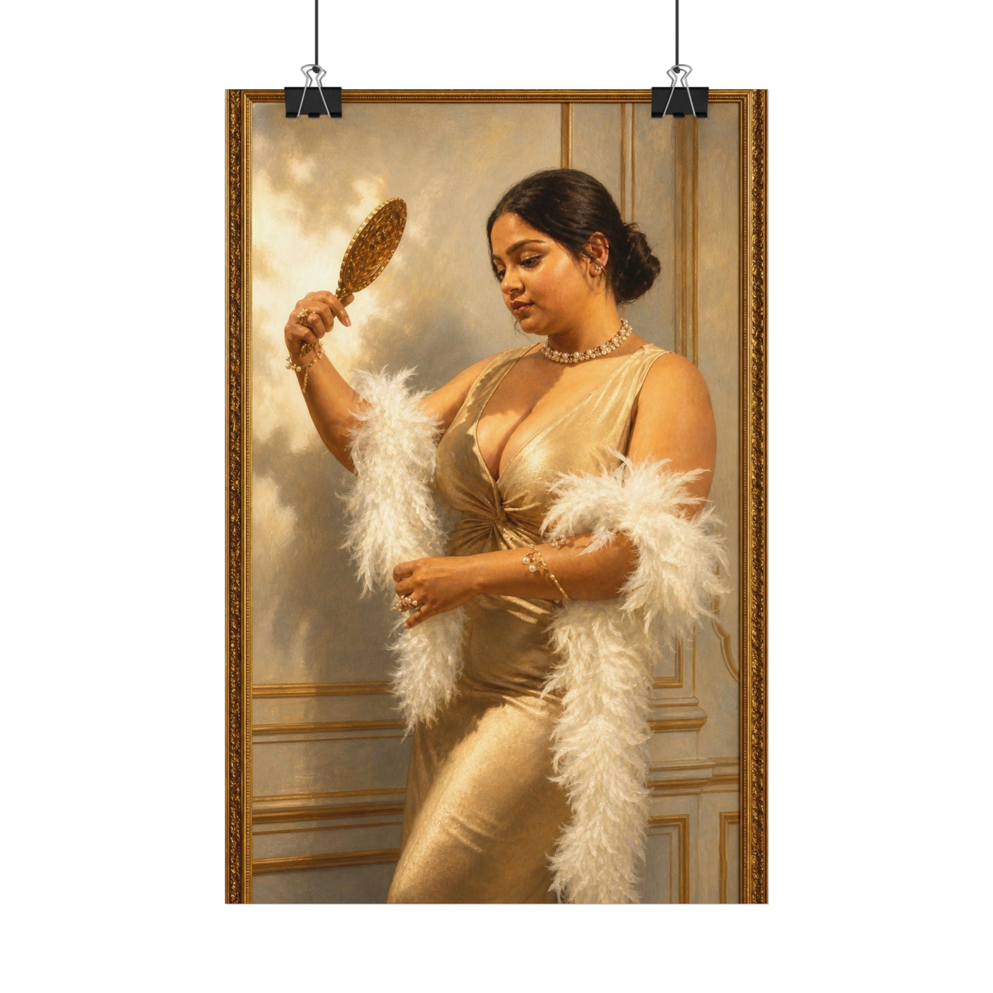 Vintage Satin Portrait Poster — Elegant Woman with Feather Boa