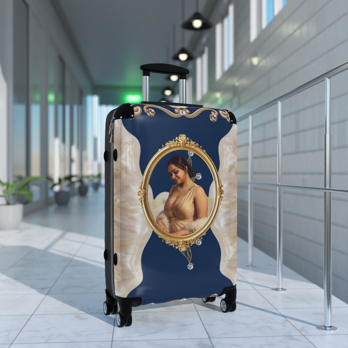 Drashti Navy Suitcase — Elegant Travel Carry-On with Pearl and Diamond Motif