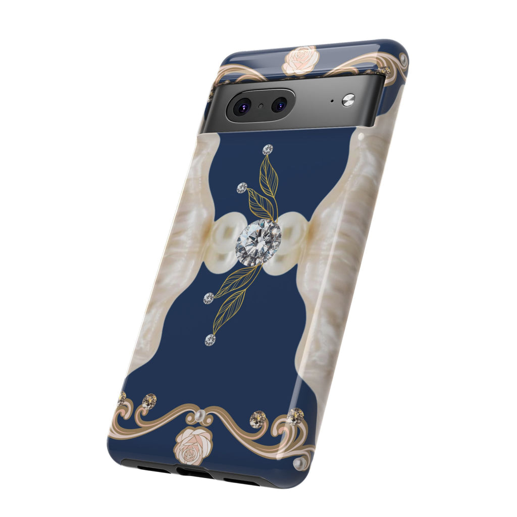 Navy Pearl & Diamond Phone Case — Elegant Floral Baroque Tough Case