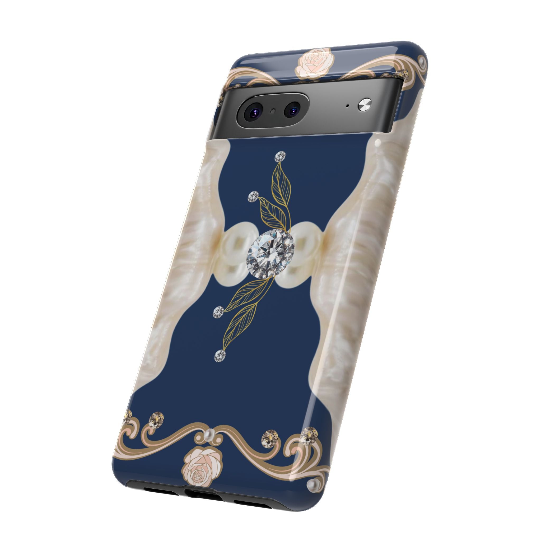 Navy Pearl & Diamond Phone Case — Elegant Floral Baroque Tough Case