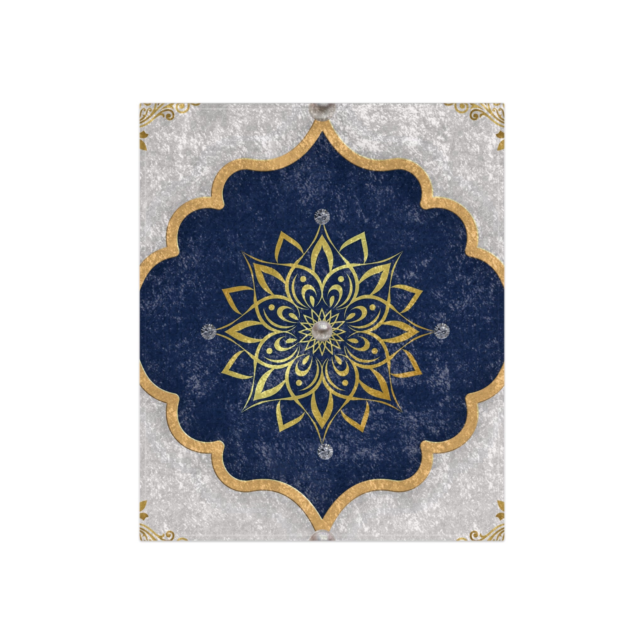 Crushed Velvet Blanket — Gold and Navy Mandala Throw (Luxurious Boho Decorative Blanket)