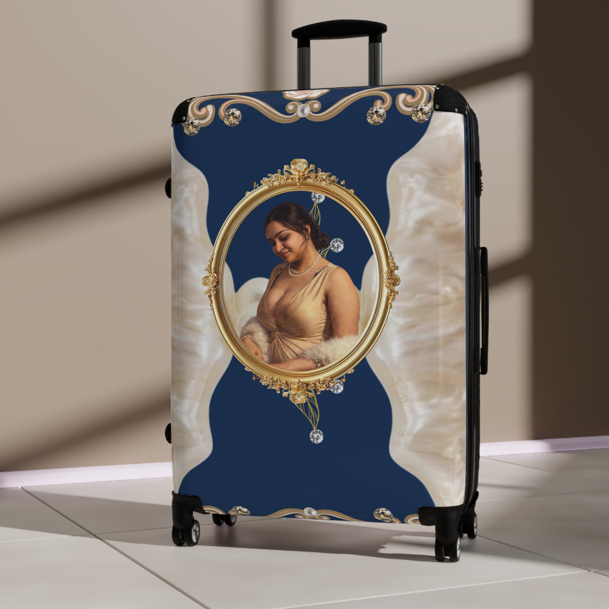 Drashti Navy Suitcase — Elegant Travel Carry-On with Pearl and Diamond Motif