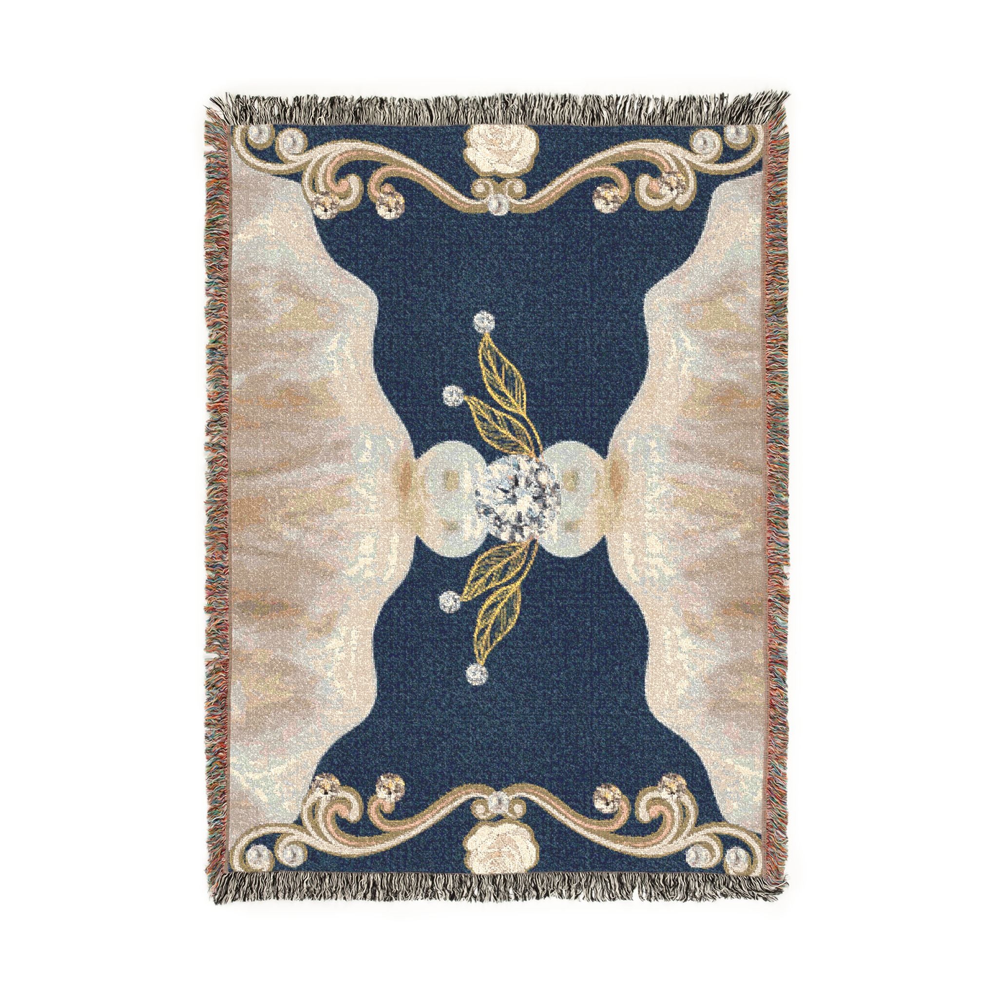 Ornate Woven Throw Blanket — Baroque Navy Floral Medallion