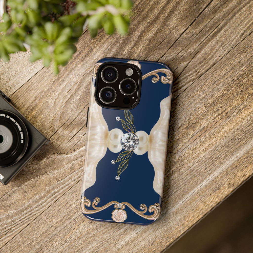Navy Pearl & Diamond Phone Case — Elegant Floral Baroque Tough Case