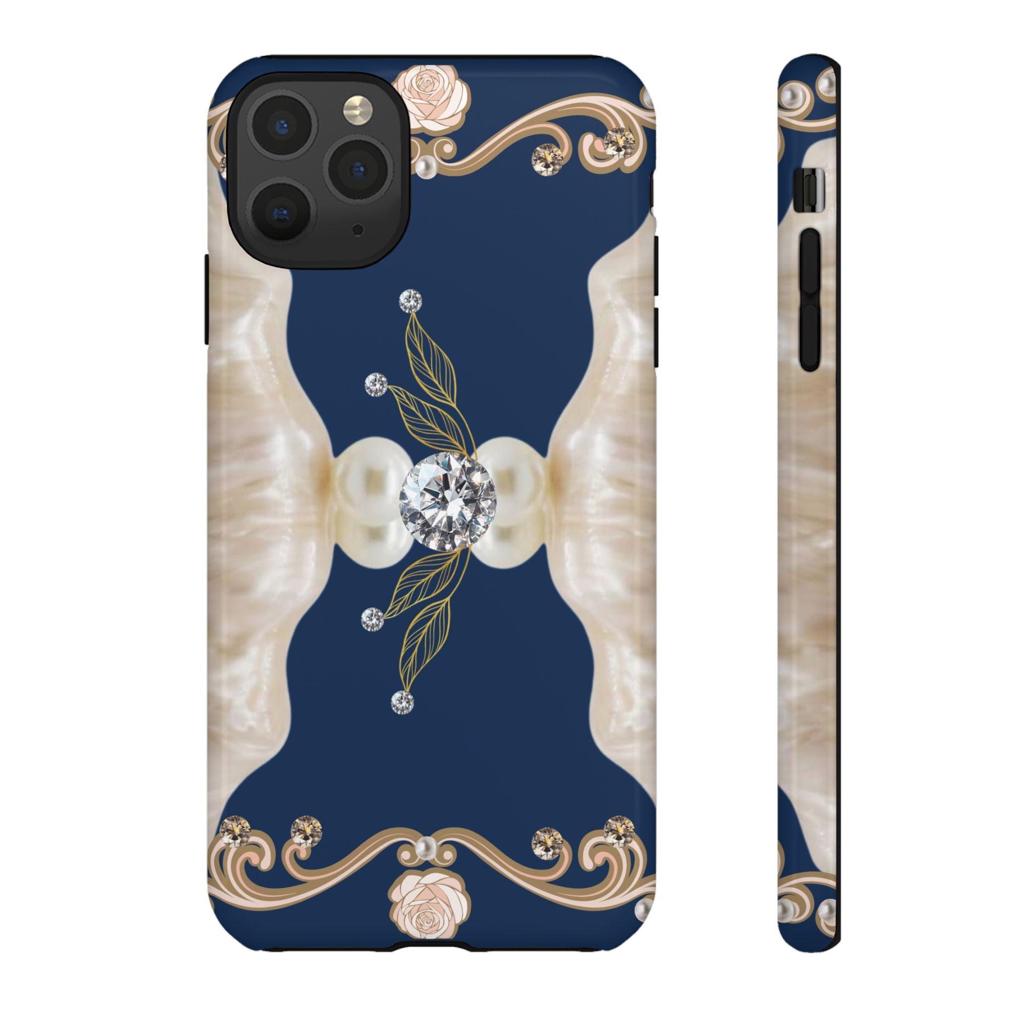 Navy Pearl & Diamond Phone Case — Elegant Floral Baroque Tough Case