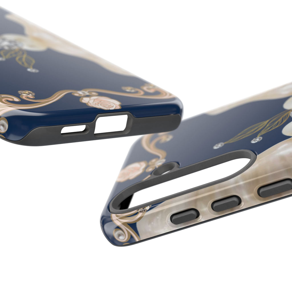 Navy Pearl & Diamond Phone Case — Elegant Floral Baroque Tough Case