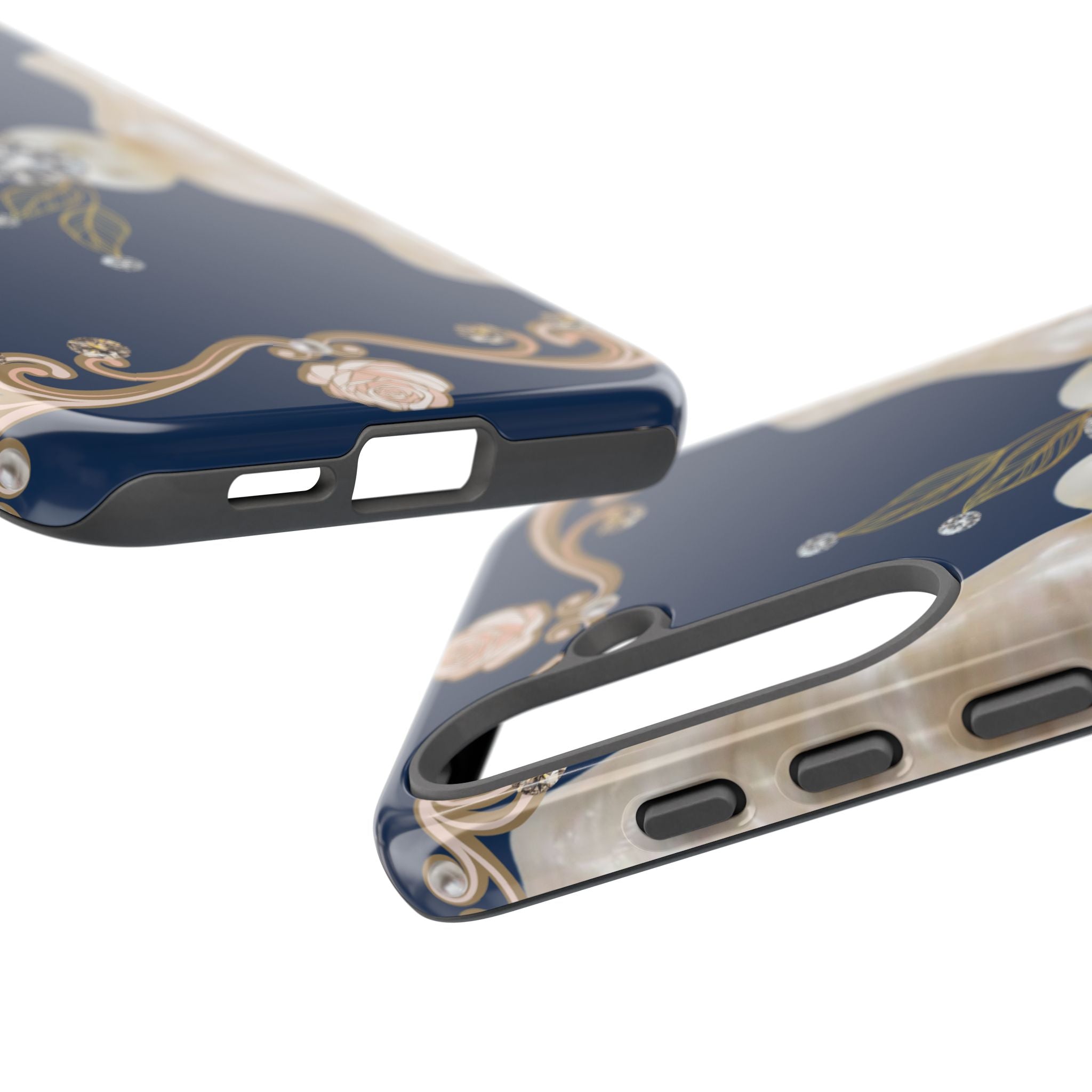 Navy Pearl & Diamond Phone Case — Elegant Floral Baroque Tough Case