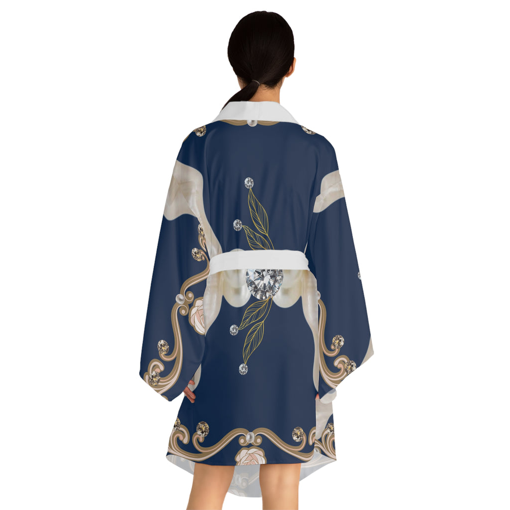 Silk-Style Navy Pearl & Diamond Kimono Robe — Luxe Floral Jewel Print