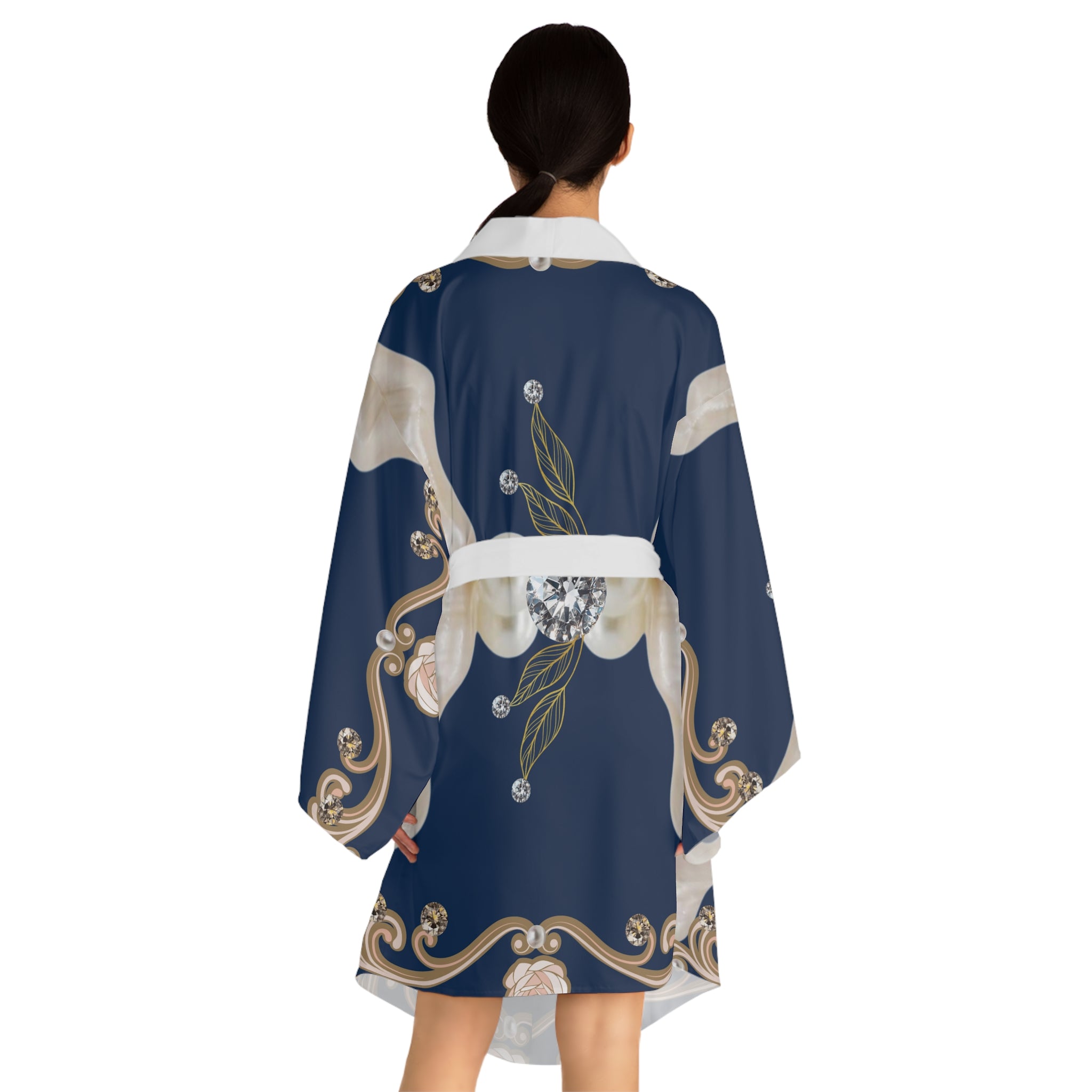 Silk-Style Navy Pearl & Diamond Kimono Robe — Luxe Floral Jewel Print
