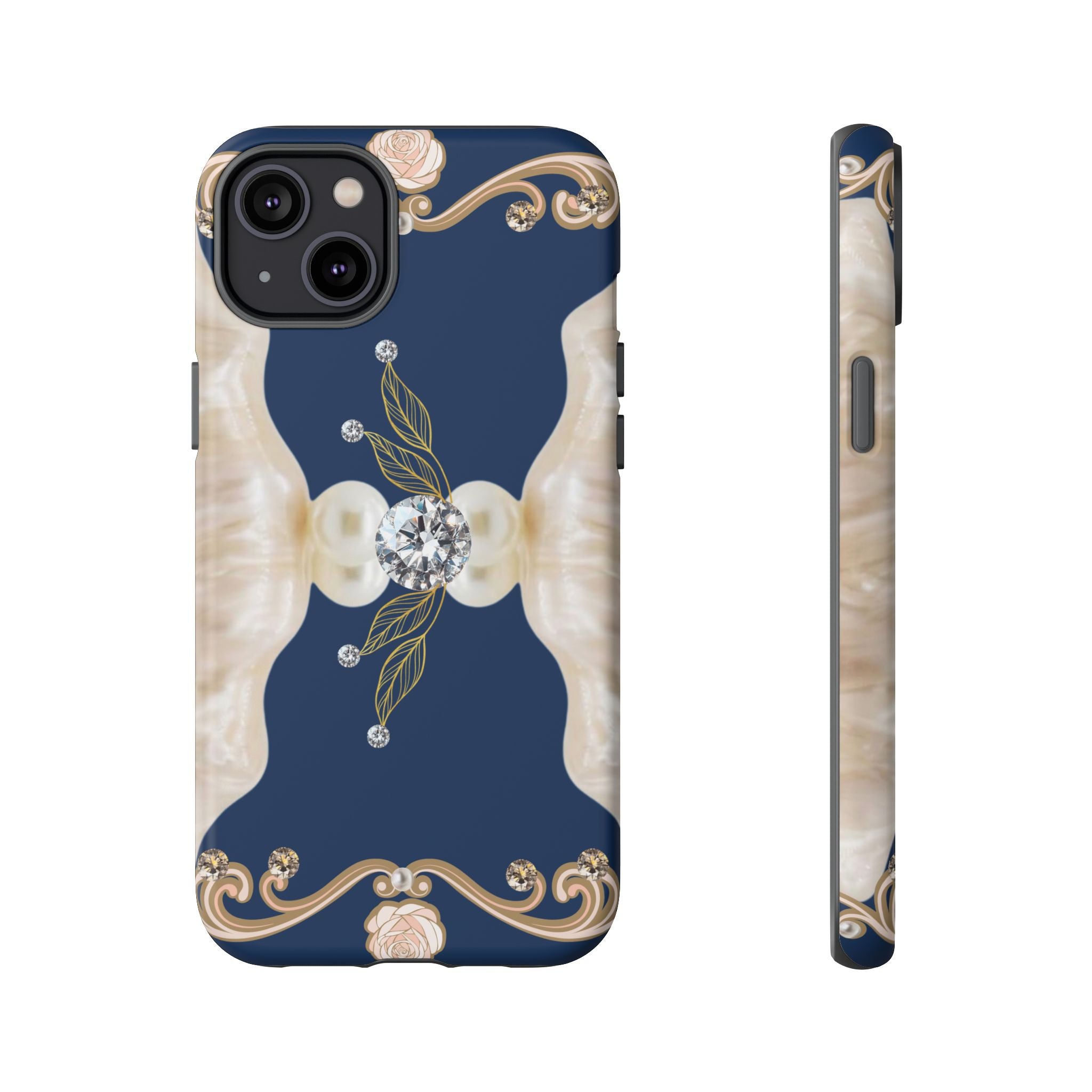 Navy Pearl & Diamond Phone Case — Elegant Floral Baroque Tough Case