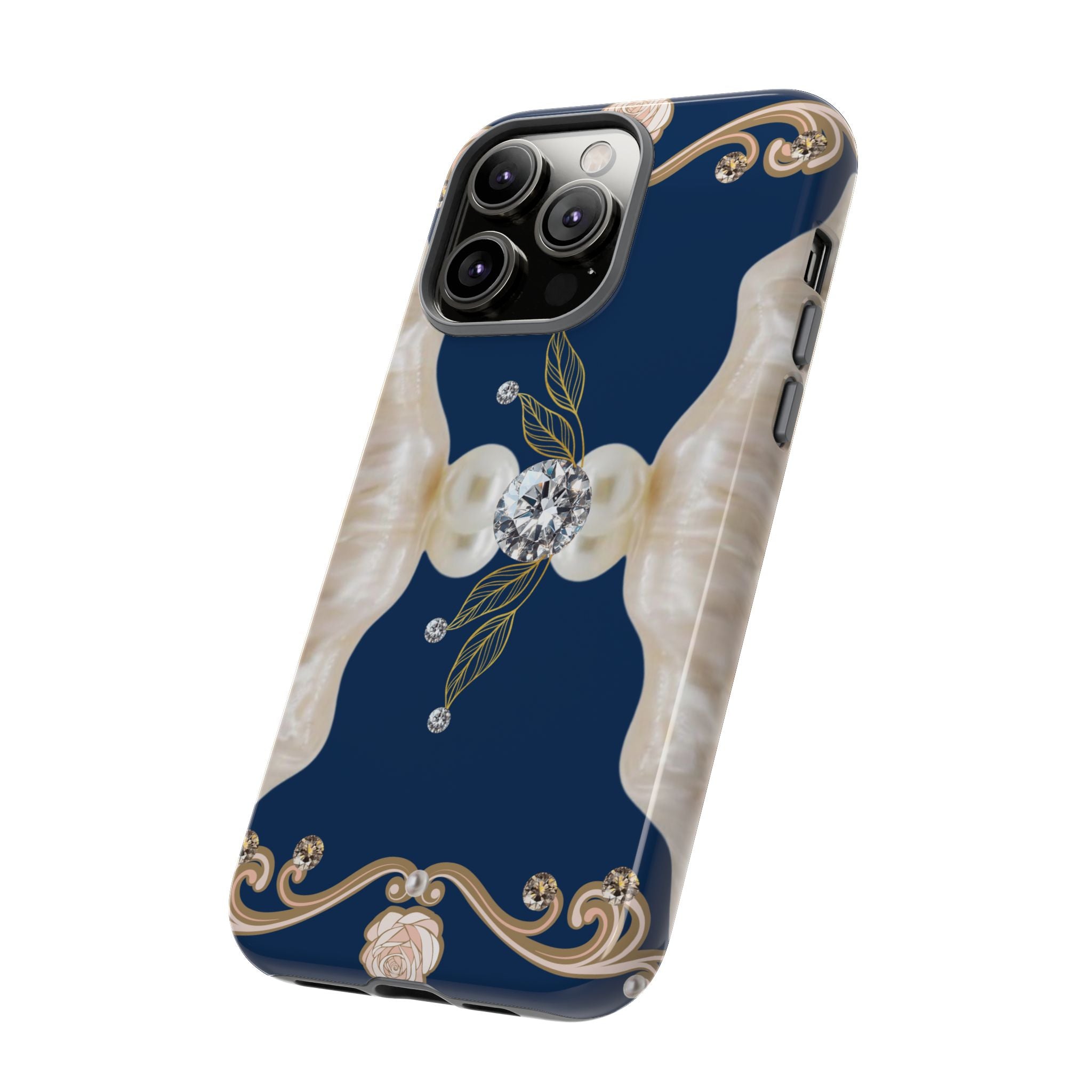 Navy Pearl & Diamond Phone Case — Elegant Floral Baroque Tough Case