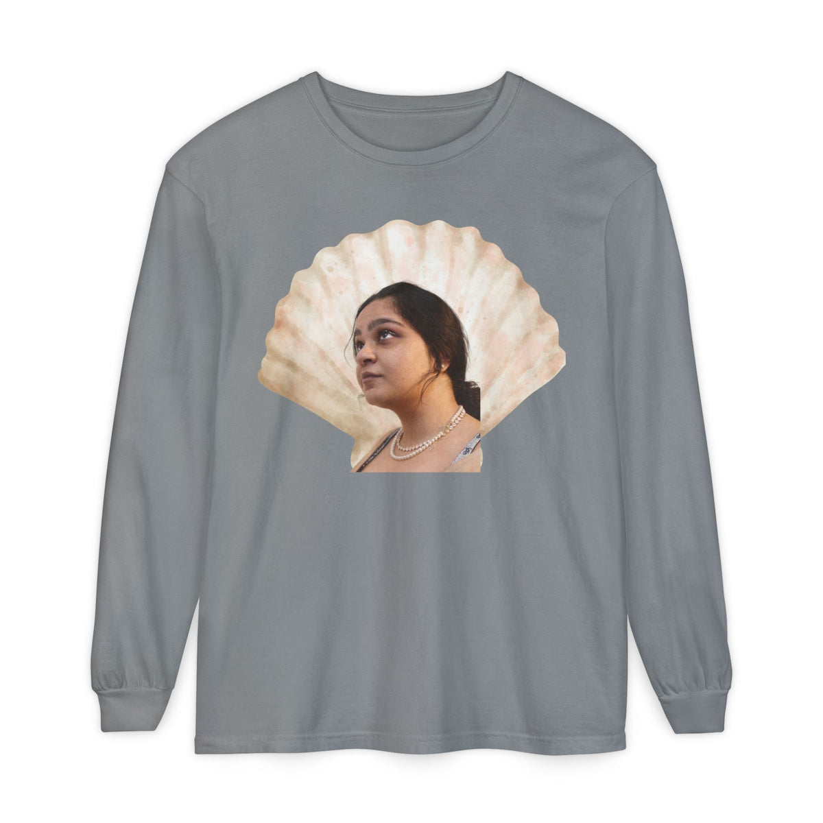 Drashti Shell Portrait Long Sleeve Tee — “We Will Be Home” Back Script