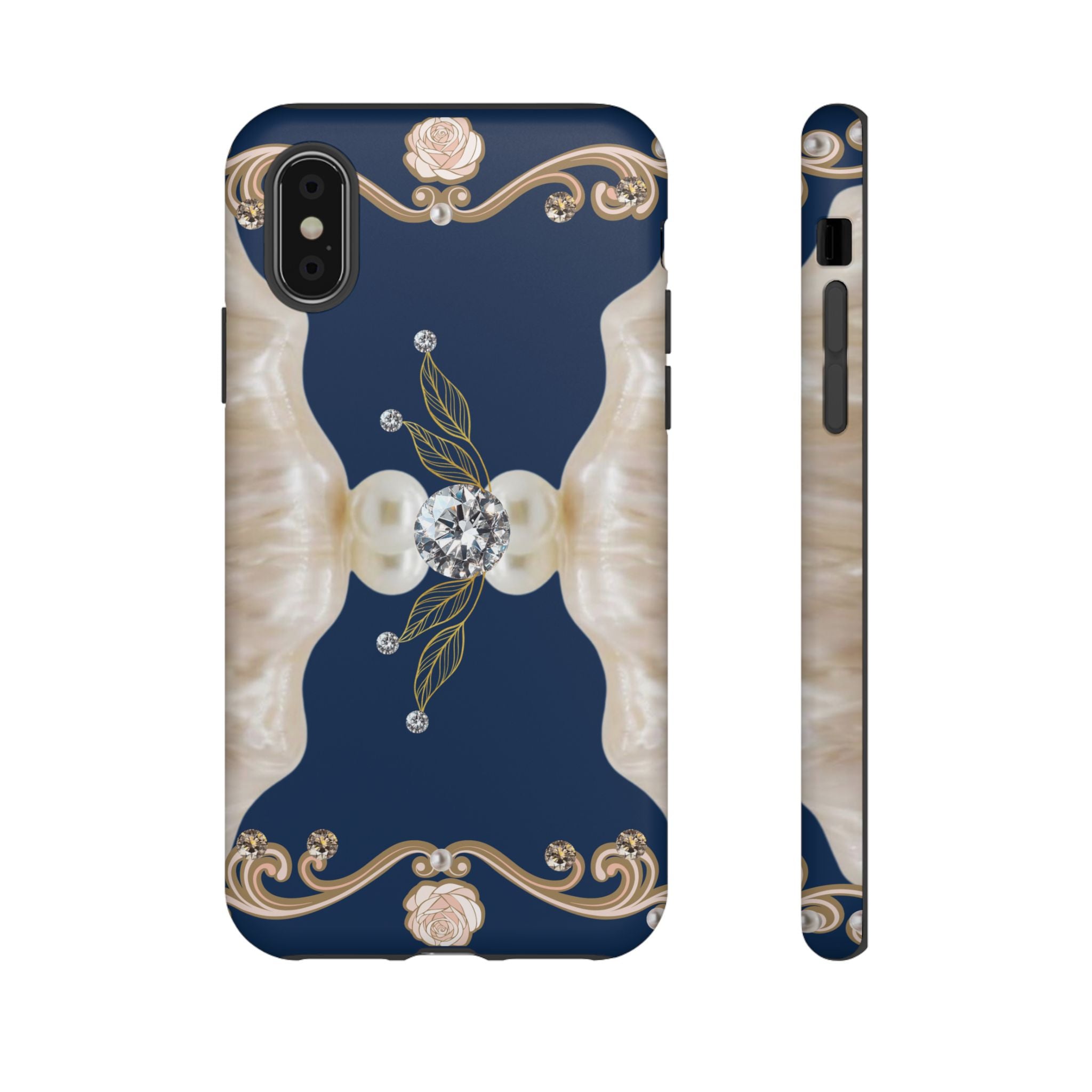 Navy Pearl & Diamond Phone Case — Elegant Floral Baroque Tough Case