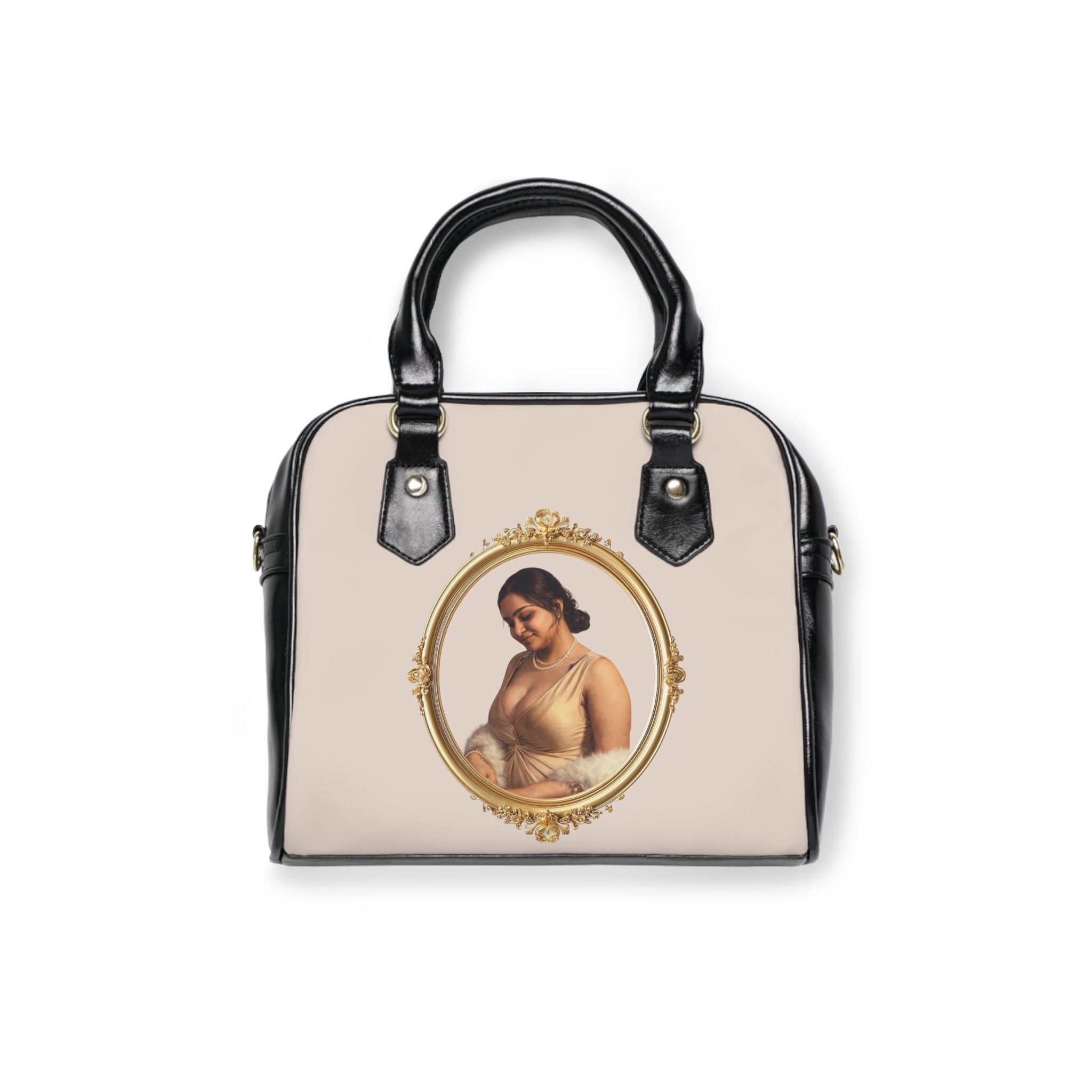 Vintage Portrait Pearl-Accent Shoulder Handbag — Elegant Navy Framed Art Purse
