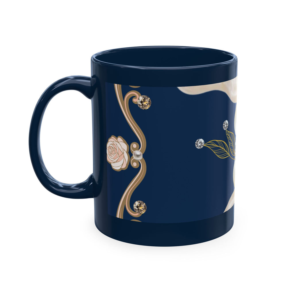 Pearl & Diamond Navy Ceramic Mug — Elegant Vintage Jewelry Design