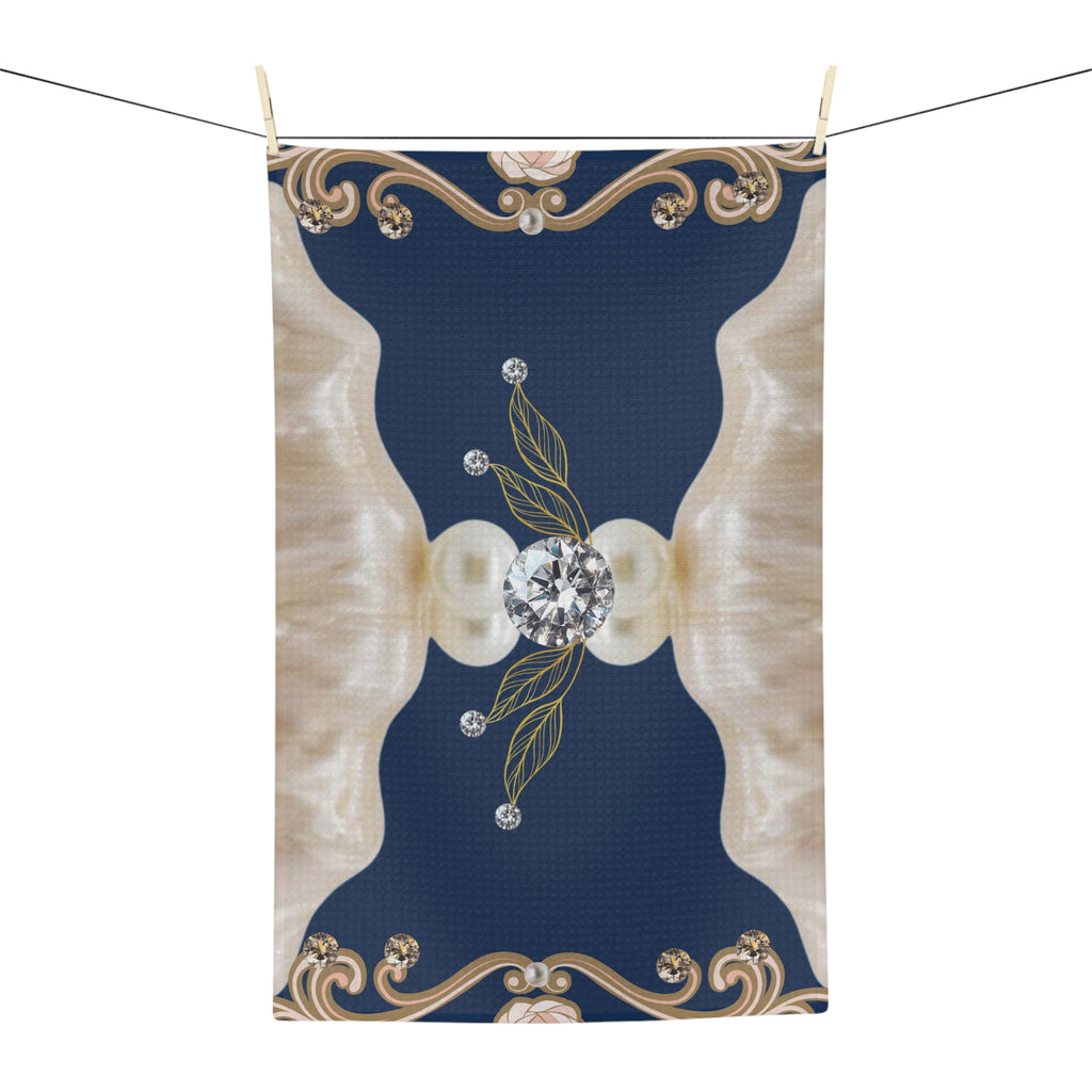 Pearl & Diamond Vintage Tea Towel — Elegant Navy Microfiber Kitchen Towel