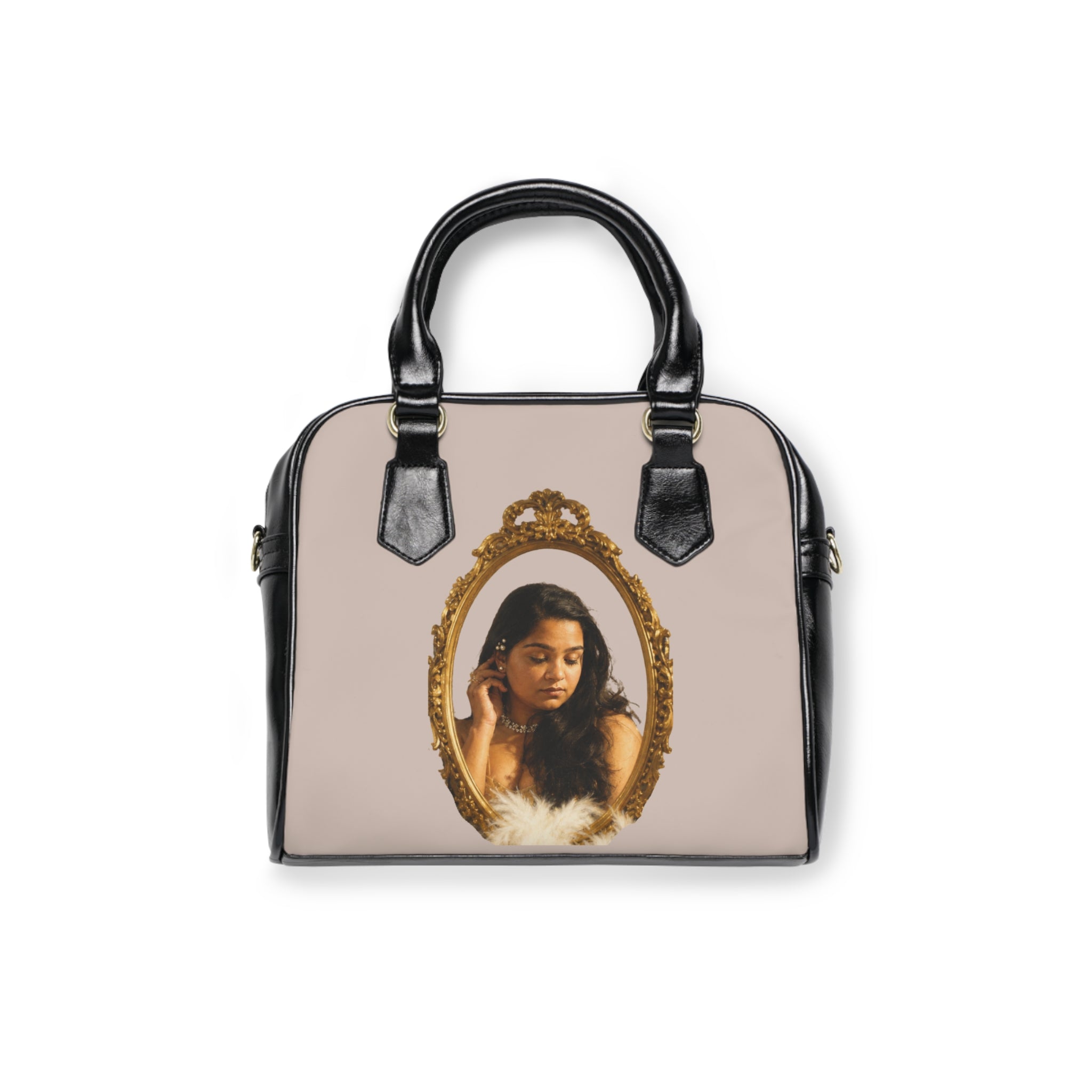 Vintage Oval Mirror Photo Shoulder Handbag — Elegant Portrait Print Purse