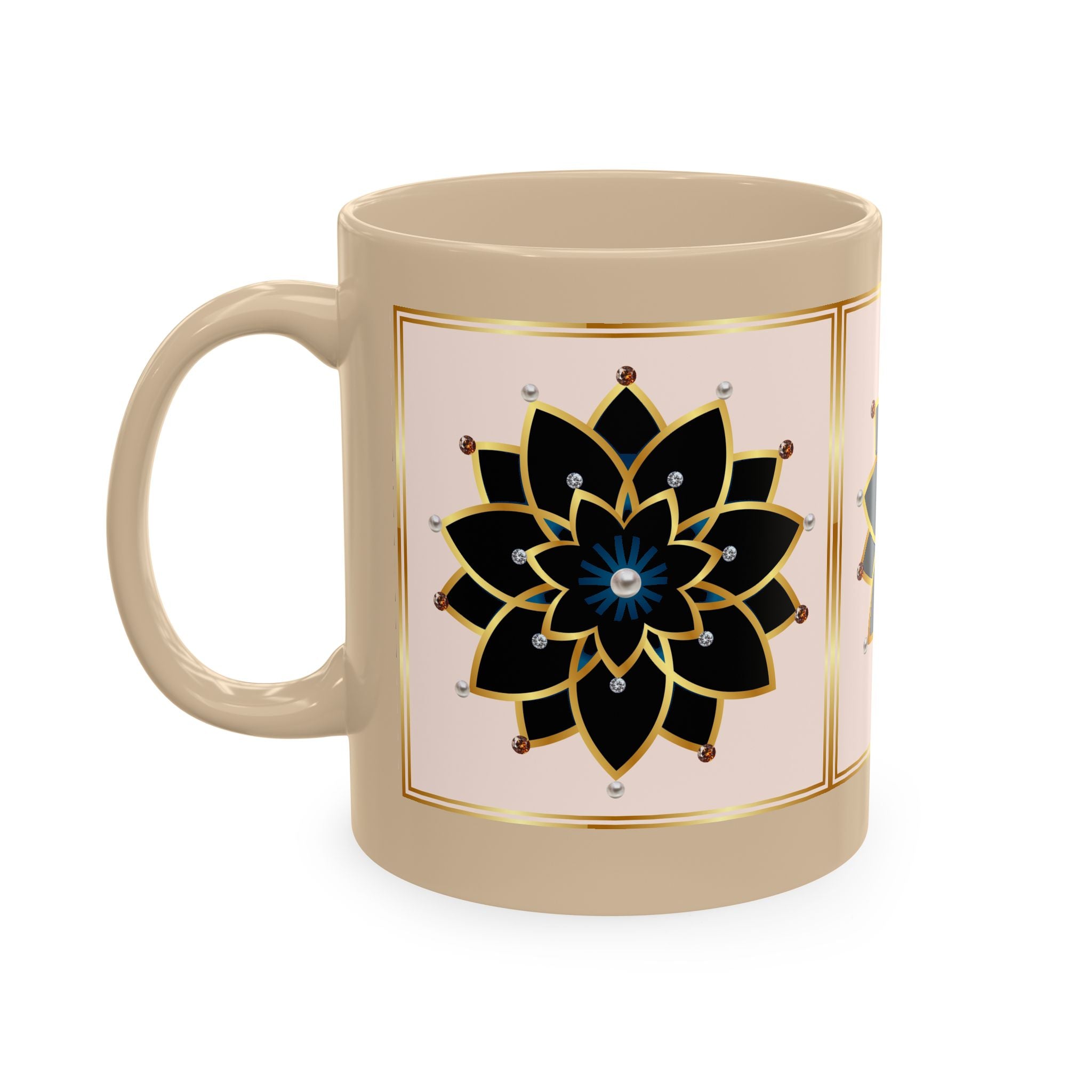 Ceramic Mug — Elegant Black & Gold Floral Mandala Design