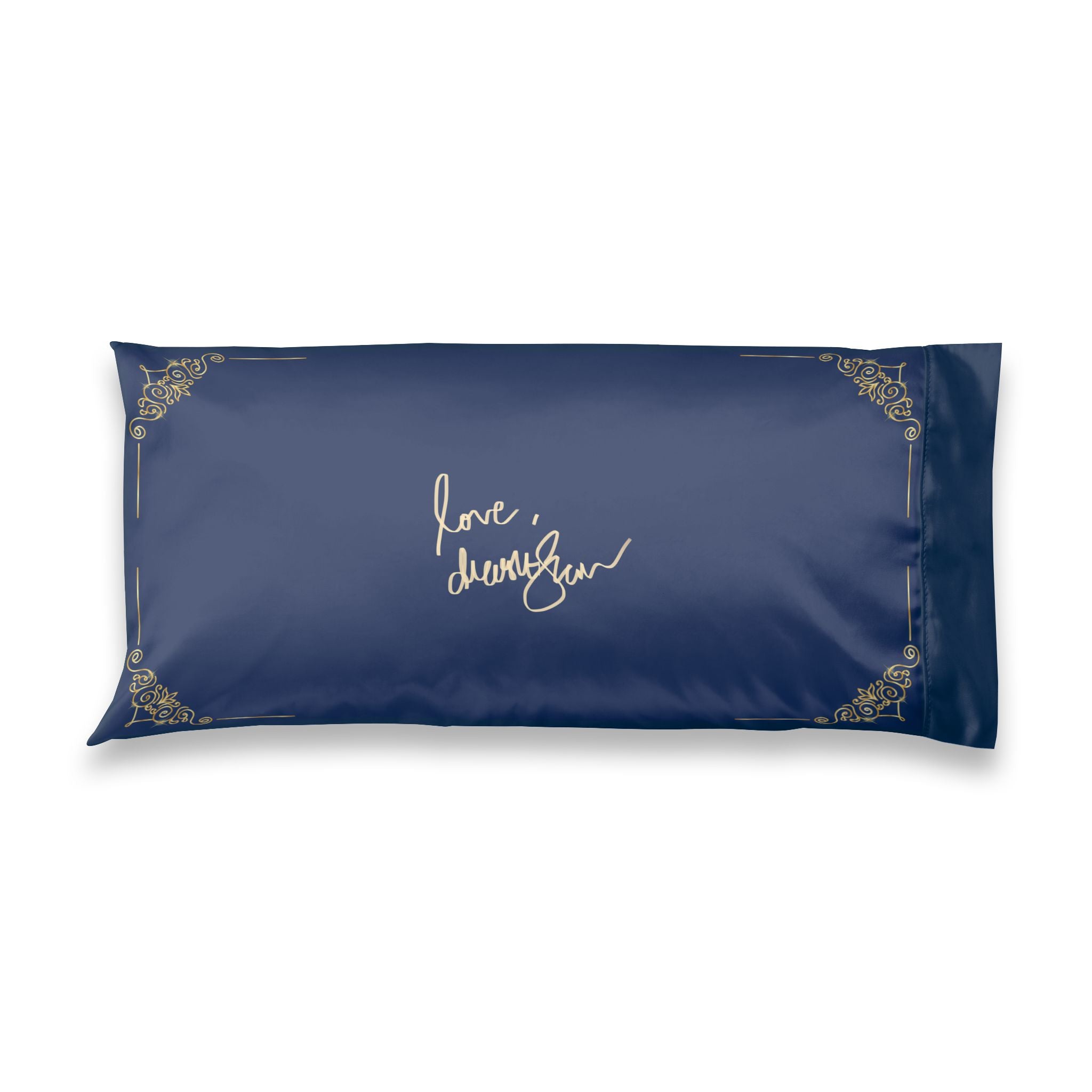 Satin Pillowcase — Navy Luxe Body Pillowcase with Gold Corner Filigree & "Love, Dream, Glow" Script