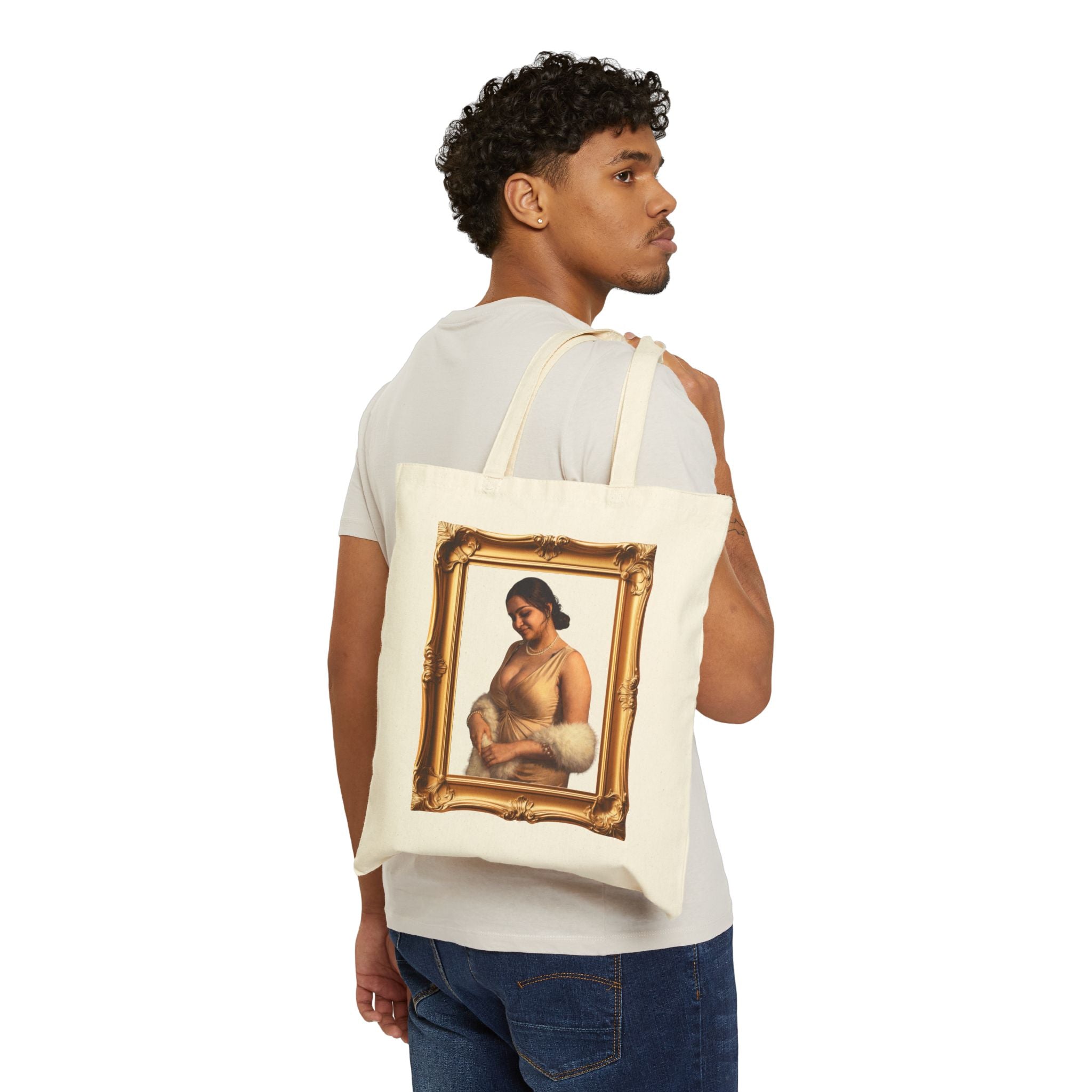 Art Frame Tote Bag — Vintage Portrait Canvas Tote with “Love, Dua Lipa” Script