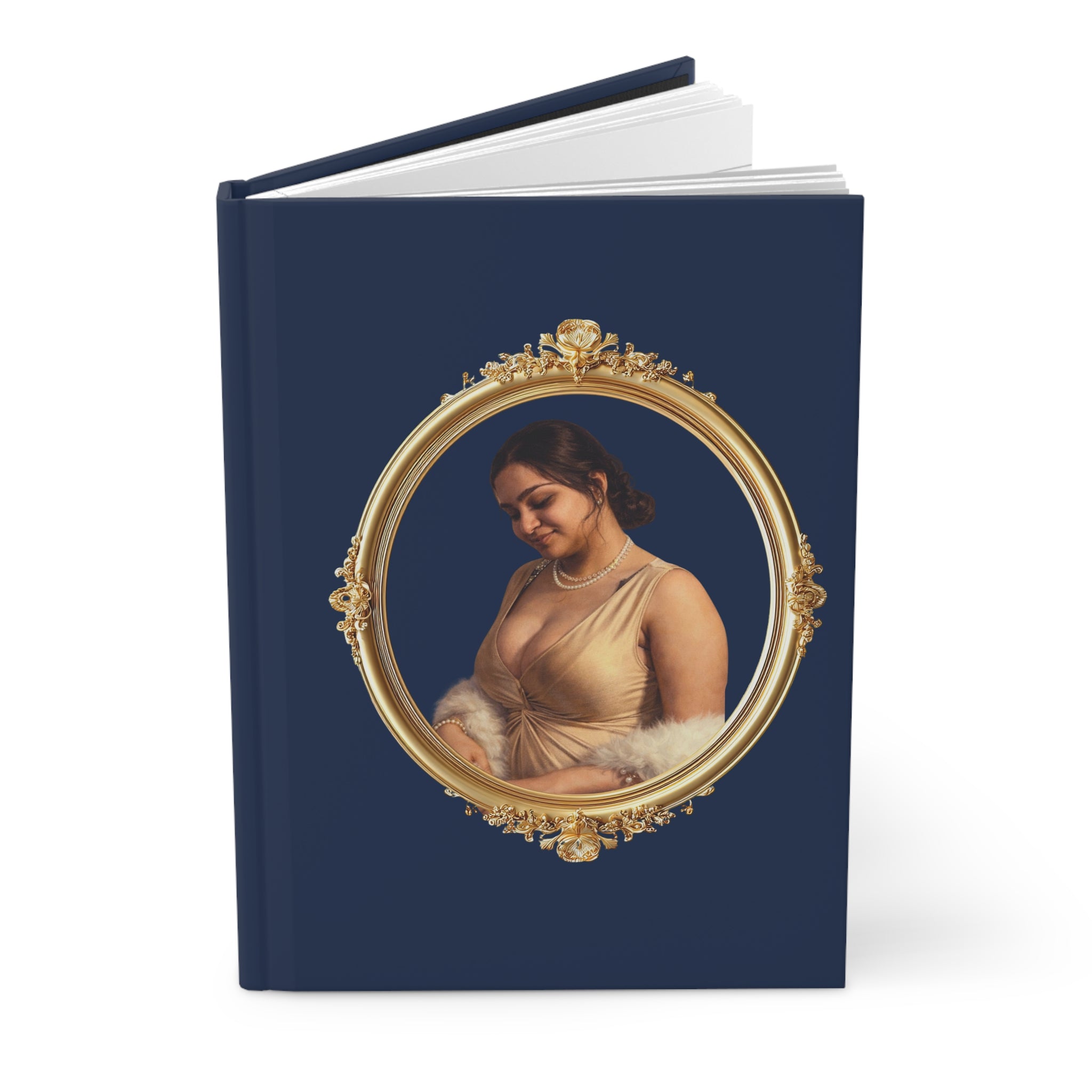 Vintage Portrait Hardcover Journal — Elegant Navy Gold Frame & Pearl Motif