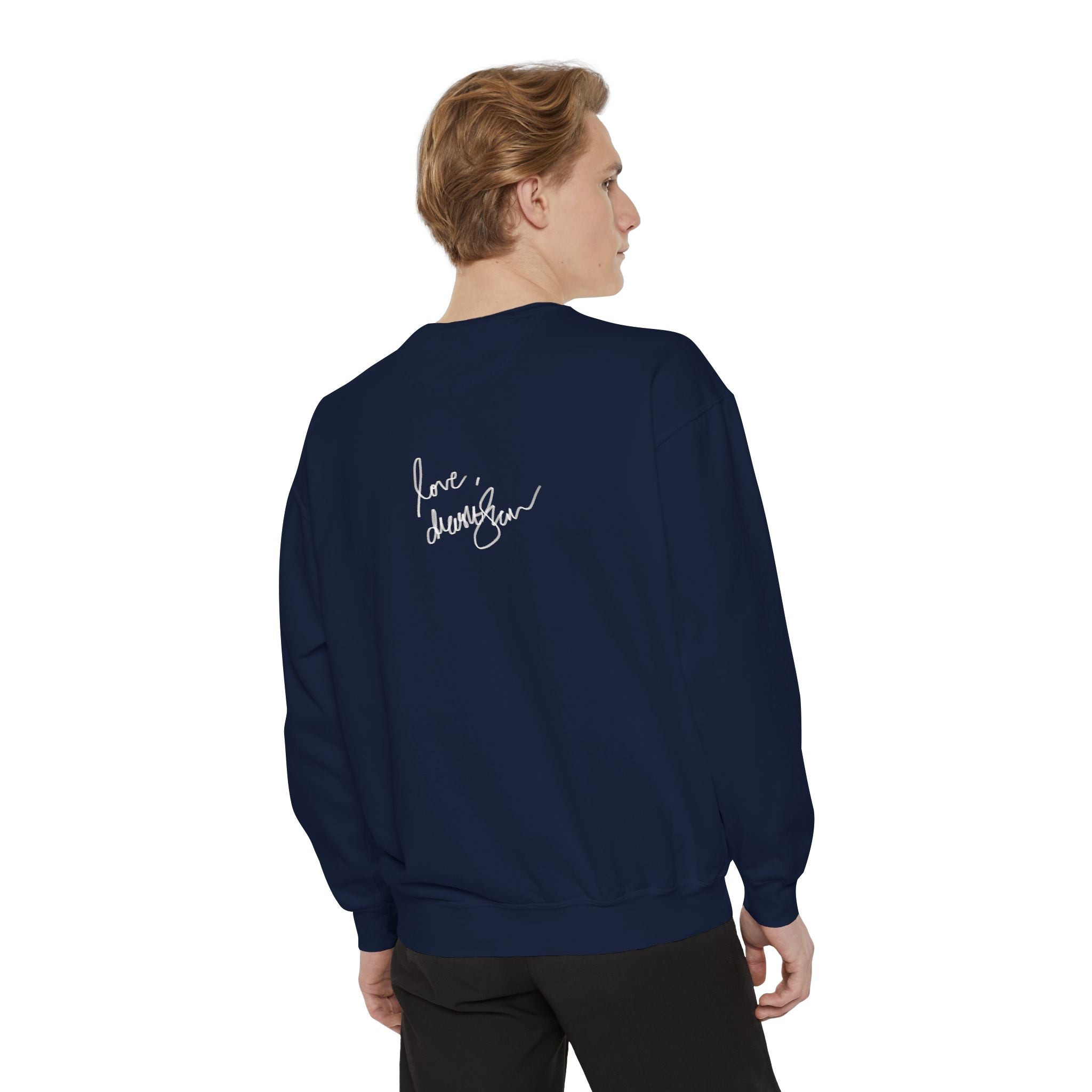 Vintage Portrait Sweatshirt — "Love, Always" Script Back