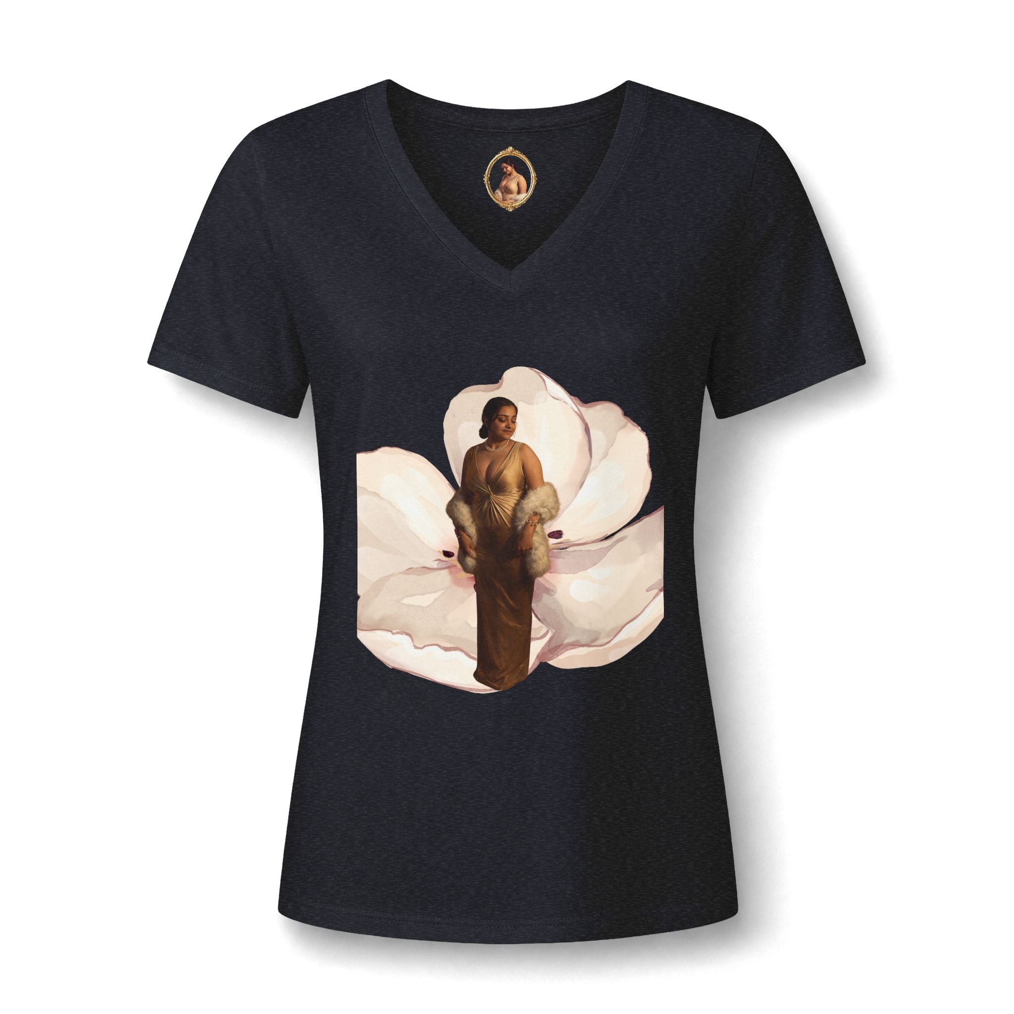 Floral Portrait V‑Neck Tee — Vintage Woman in Magnolia Print