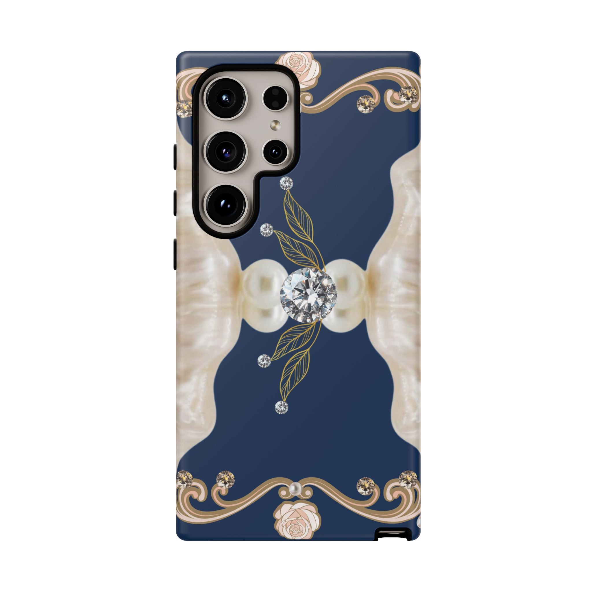 Navy Pearl & Diamond Phone Case — Elegant Floral Baroque Tough Case