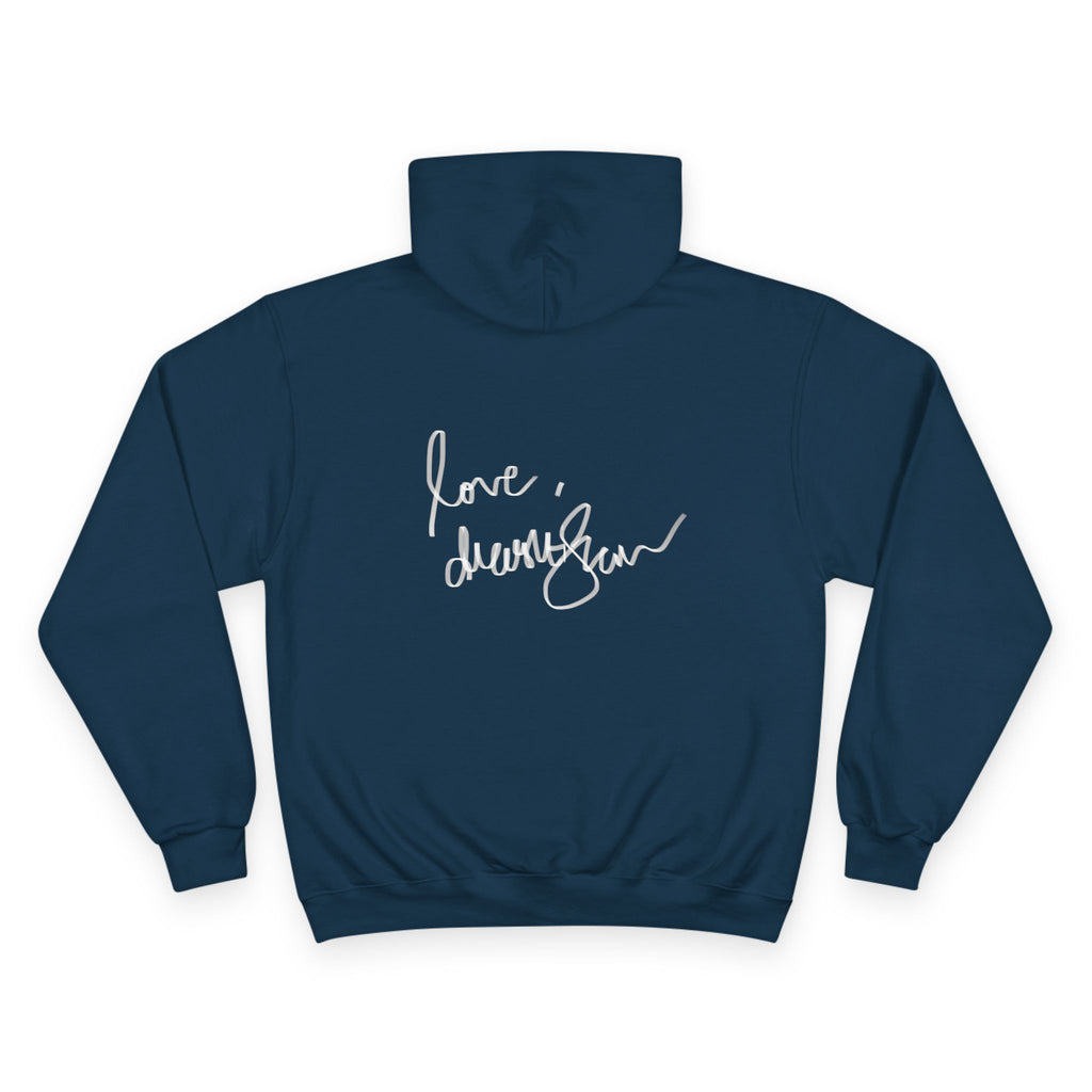 Champion Hoodie — Vintage Reclining Muse Graphic Hoodie with 'love, dunneGaur' Script