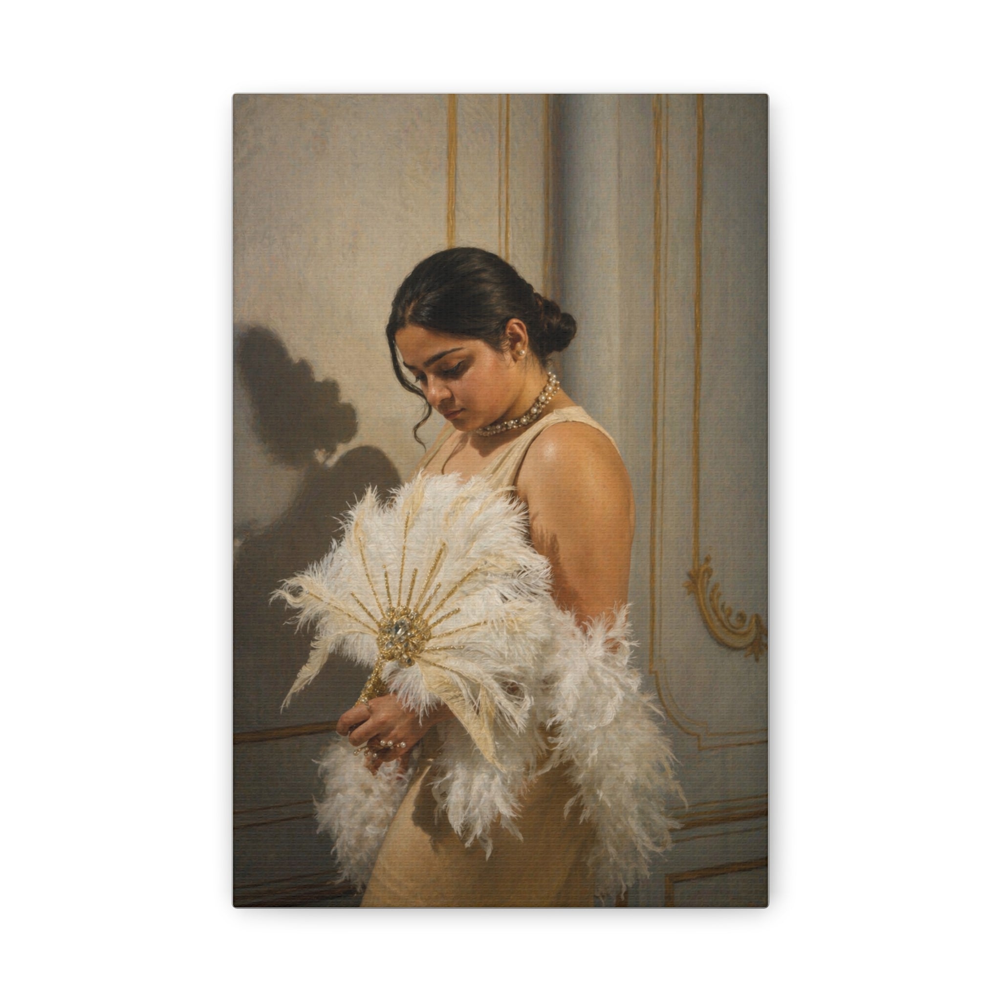 Canvas Wall Art — Elegant Vintage Portrait of Woman with Feather Fan