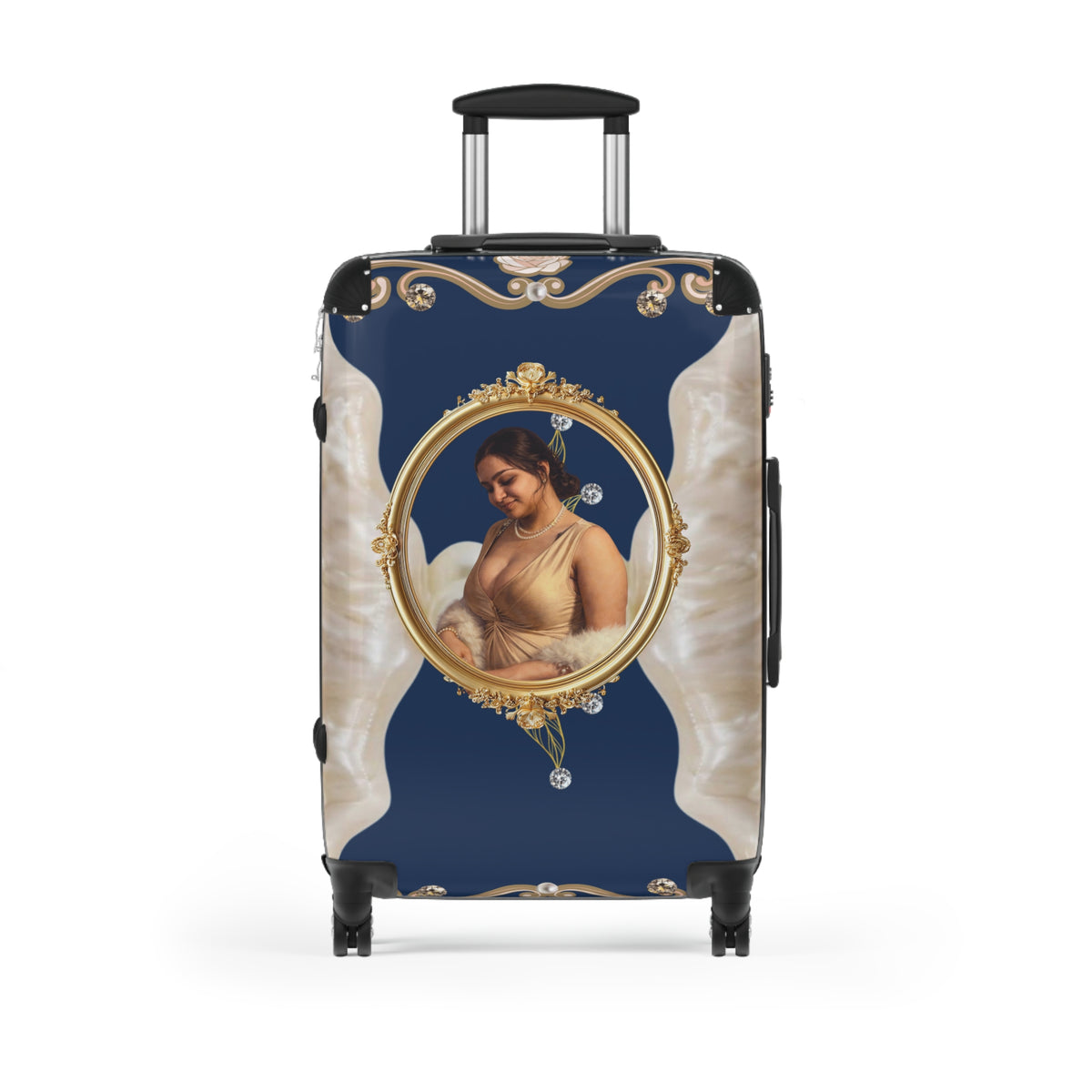 Drashti Navy Suitcase — Elegant Travel Carry-On with Pearl and Diamond Motif
