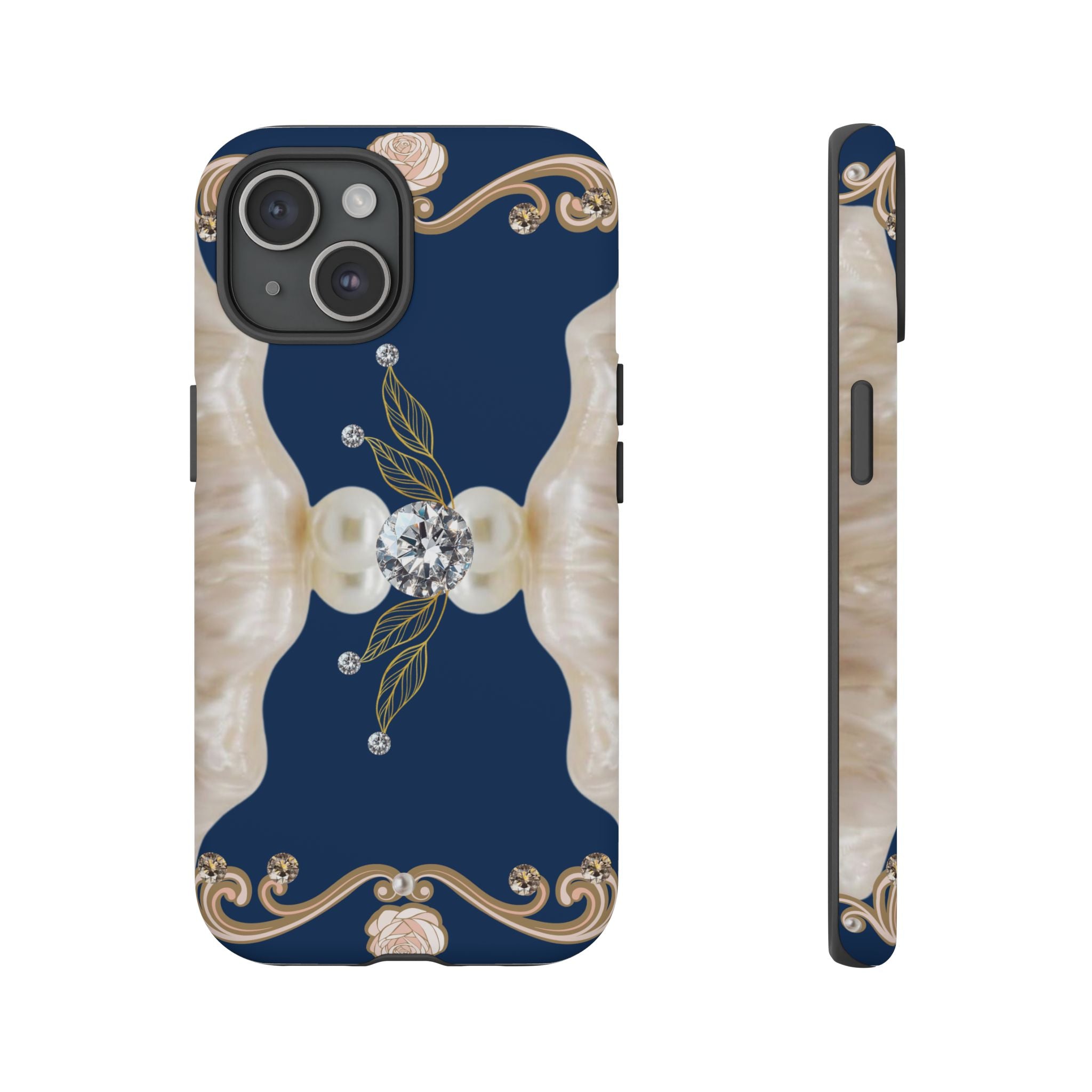 Navy Pearl & Diamond Phone Case — Elegant Floral Baroque Tough Case