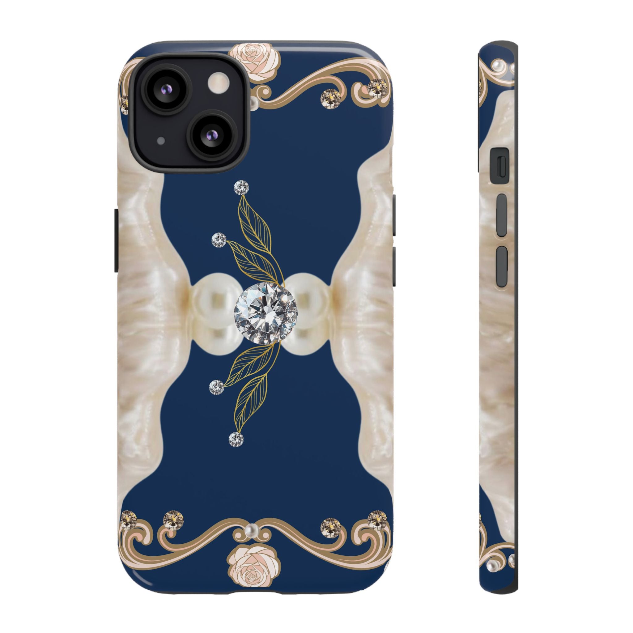 Navy Pearl & Diamond Phone Case — Elegant Floral Baroque Tough Case