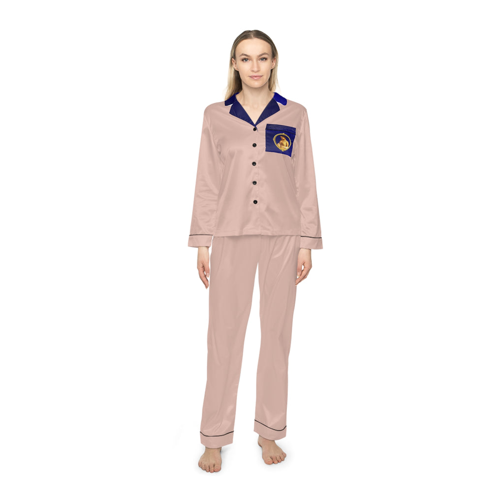 Women's Satin Pajama Set - Blush Pink with Navy Trim (Silky Loungewear)