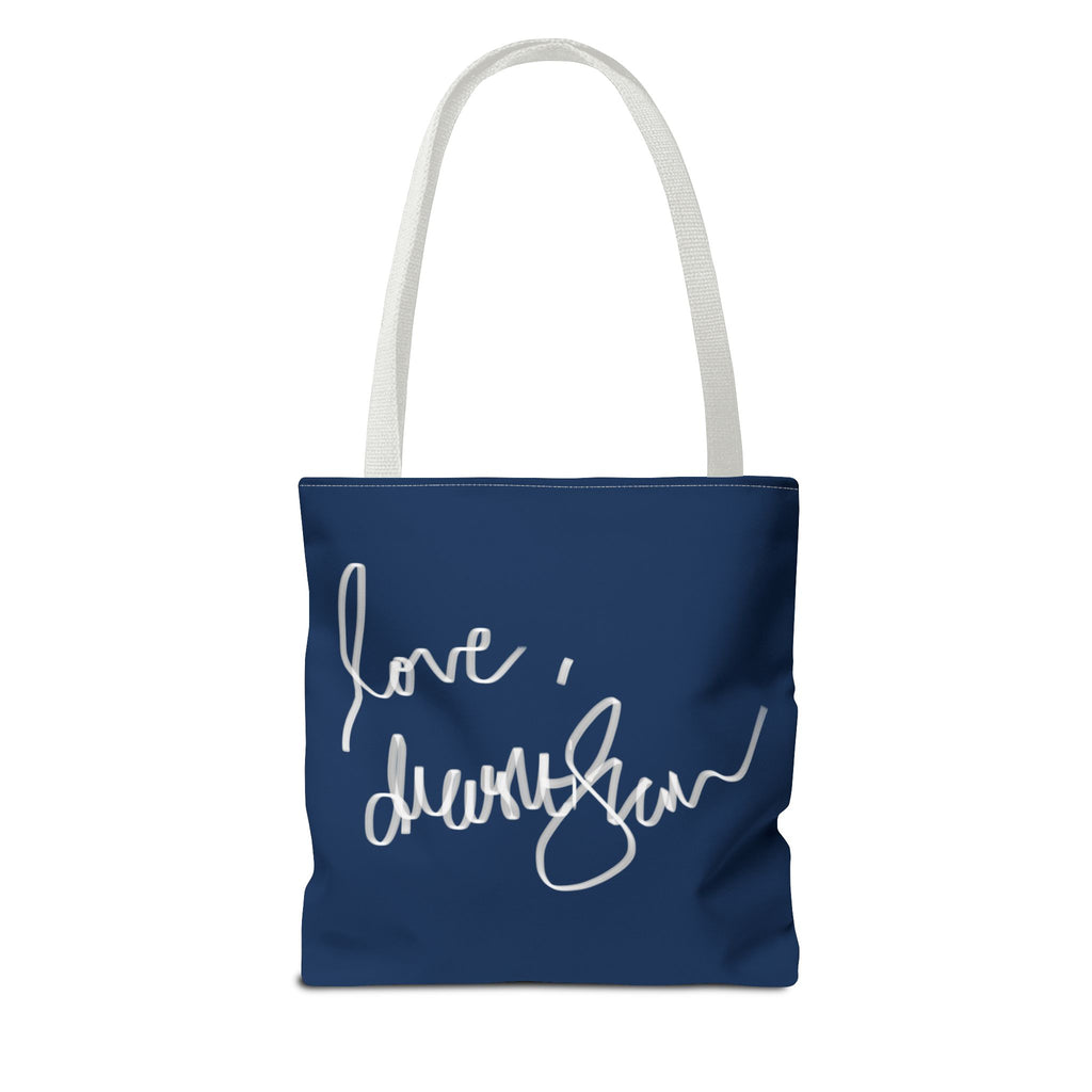 Mandala Floral Tote Bag — Navy 'Love, [Signature]' All-Over Print