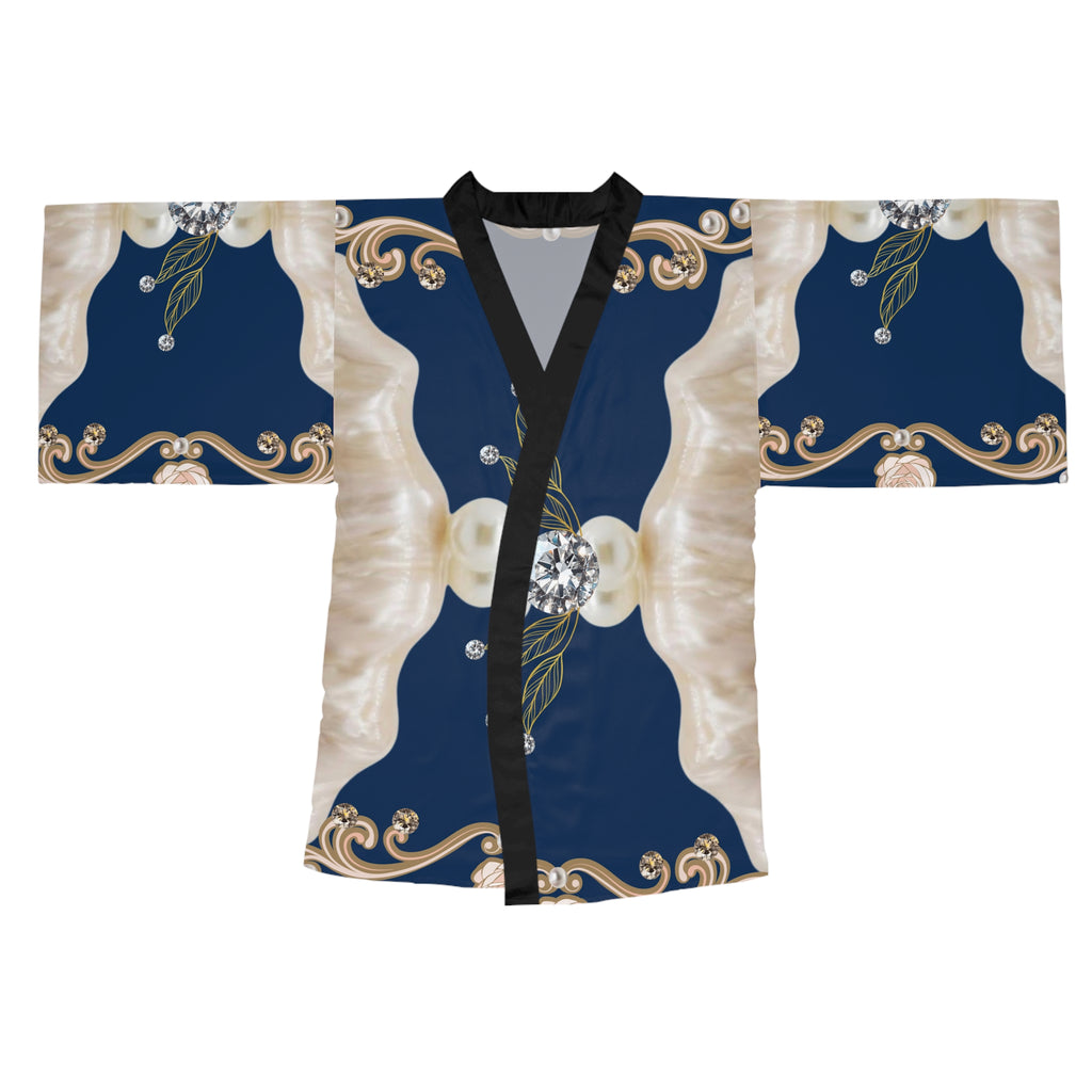 Silk-Style Navy Pearl & Diamond Kimono Robe — Luxe Floral Jewel Print