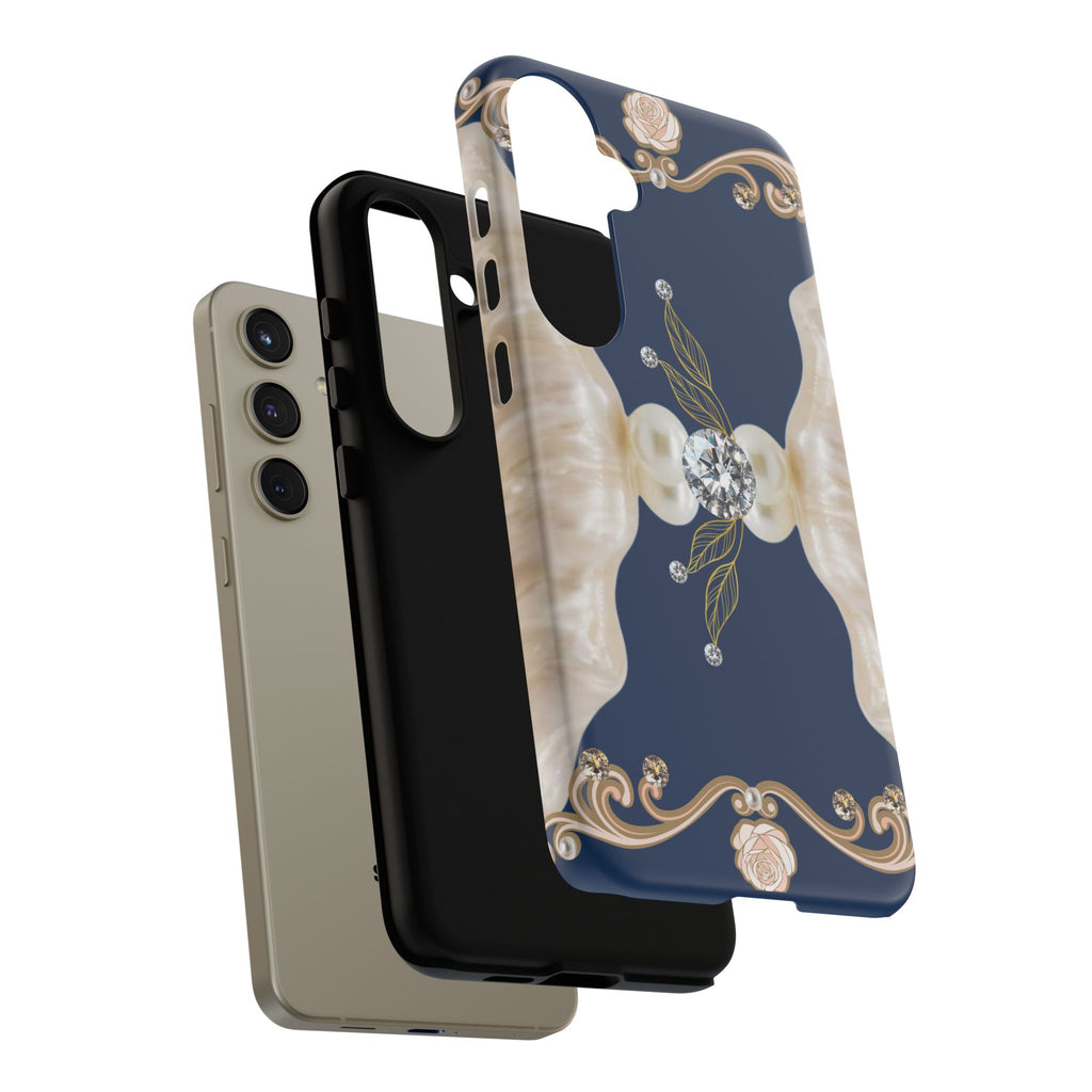 Navy Pearl & Diamond Phone Case — Elegant Floral Baroque Tough Case