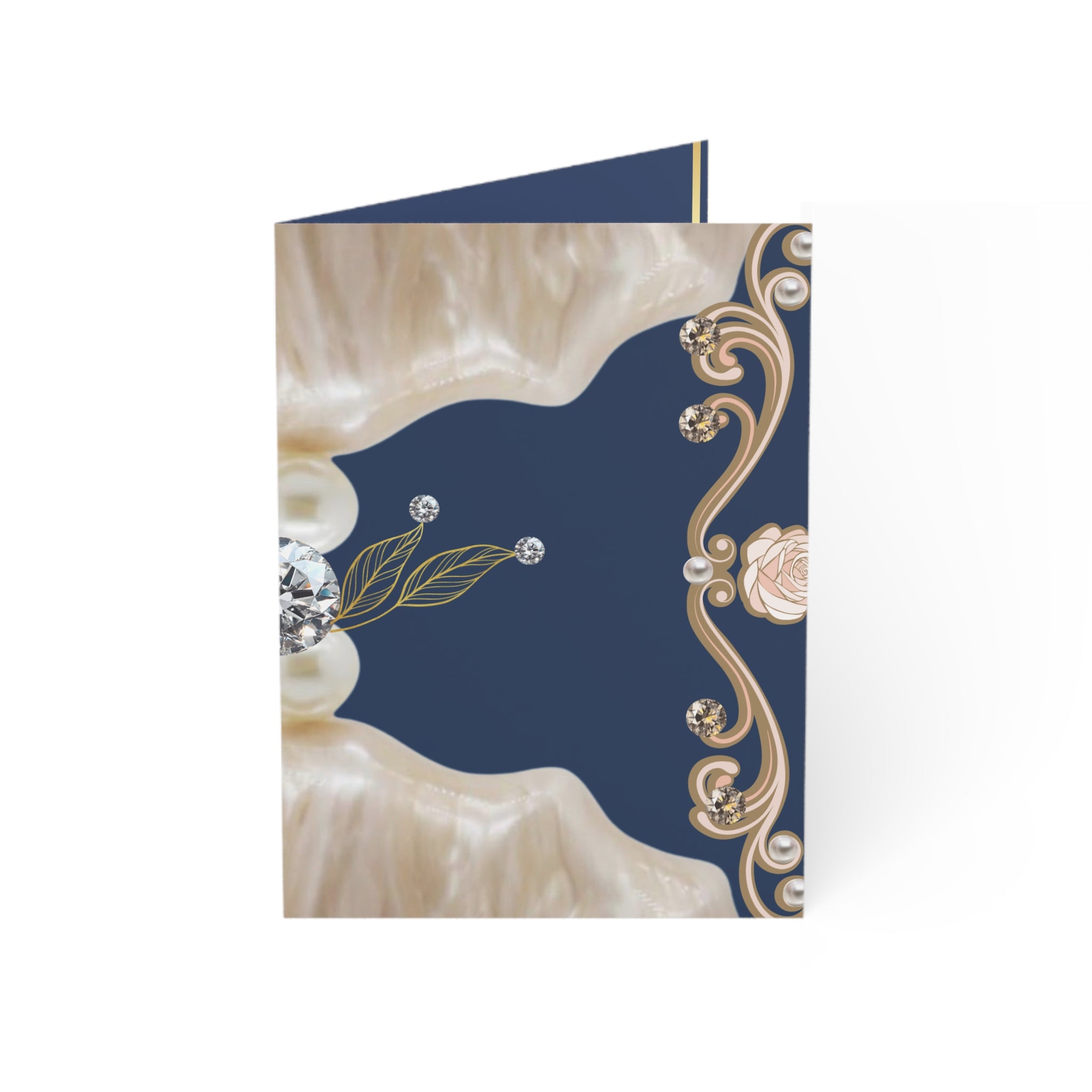 Elegant Pearl & Navy Floral Greeting Cards — Pack of 1/10/30/50