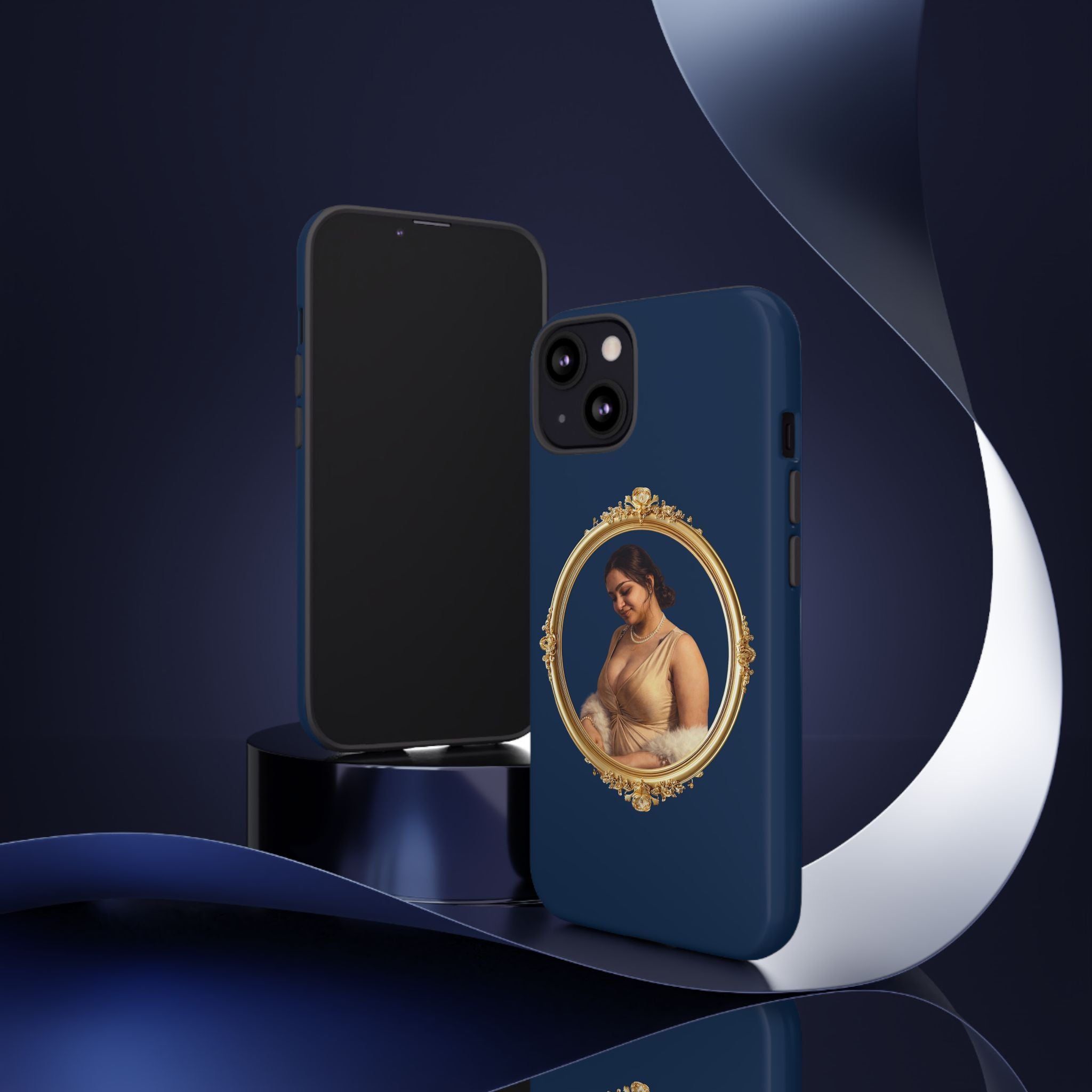 Vintage Portrait Phone Case — Elegant Gold Frame on Navy