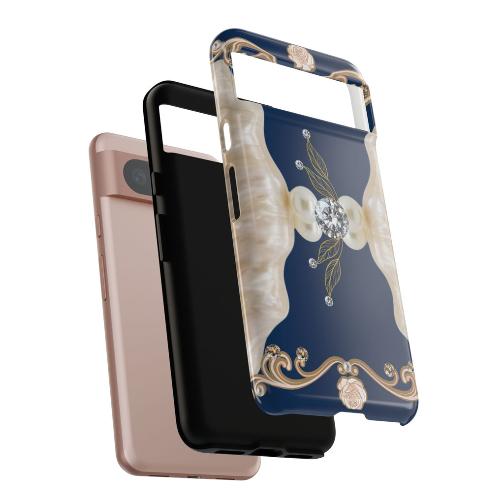 Navy Pearl & Diamond Phone Case — Elegant Floral Baroque Tough Case