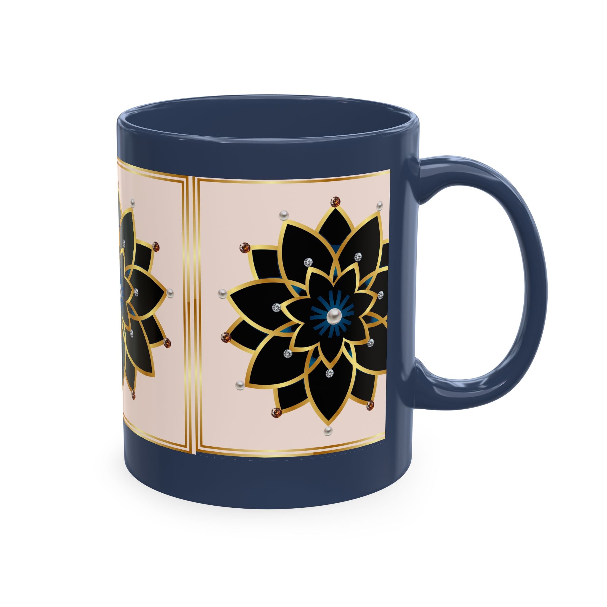Ceramic Mug — Elegant Black & Gold Floral Mandala Design