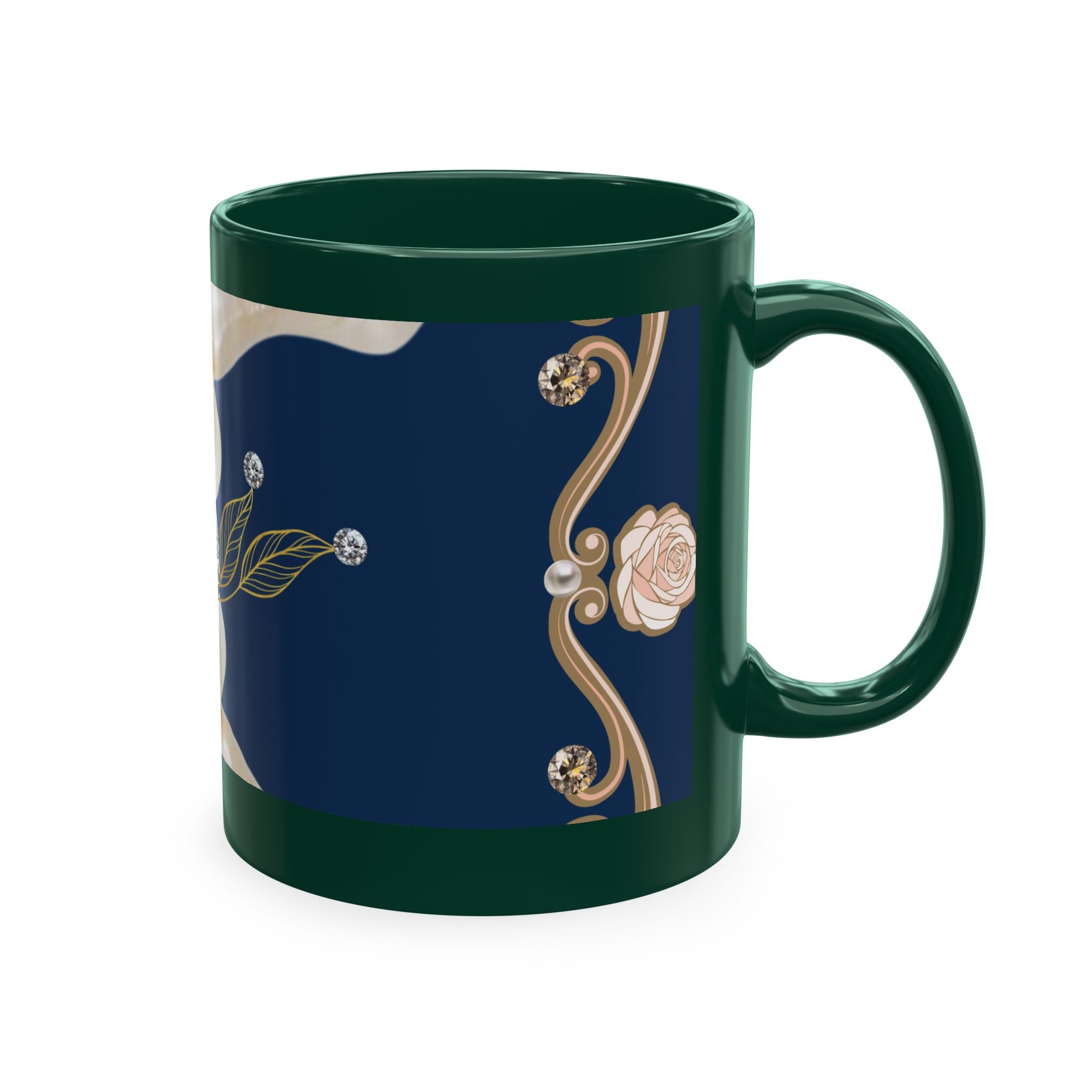 Pearl & Diamond Navy Ceramic Mug — Elegant Vintage Jewelry Design