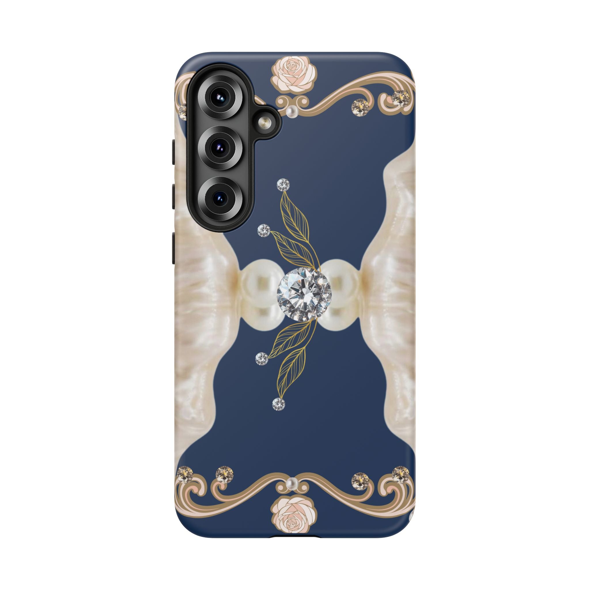 Navy Pearl & Diamond Phone Case — Elegant Floral Baroque Tough Case