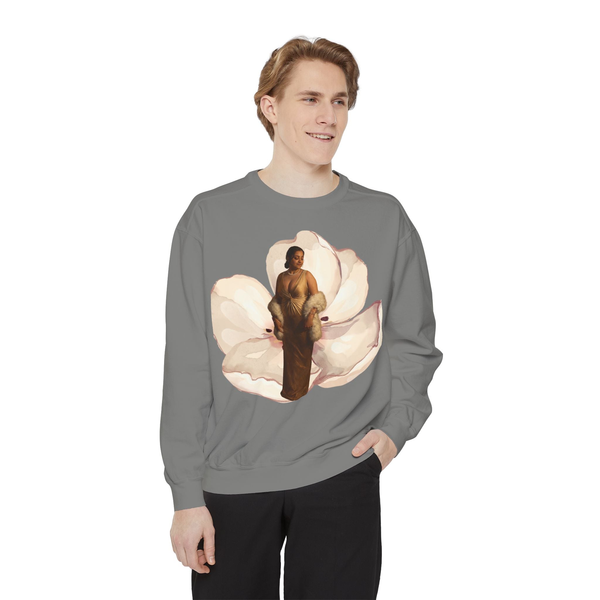 Floral Portrait Sweatshirt — Vintage Gold Frame Art Crewneck