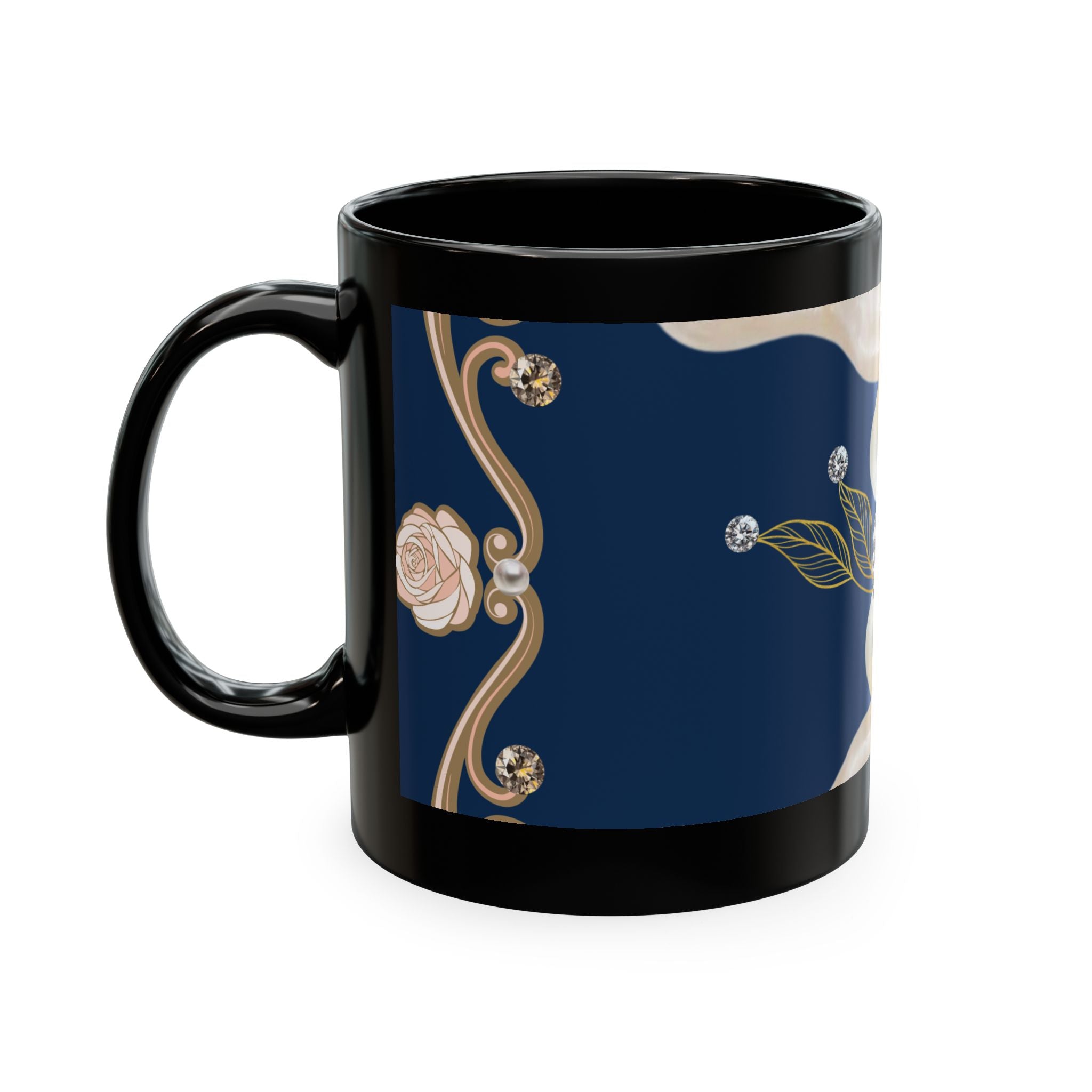 Pearl & Diamond Navy Ceramic Mug — Elegant Vintage Jewelry Design