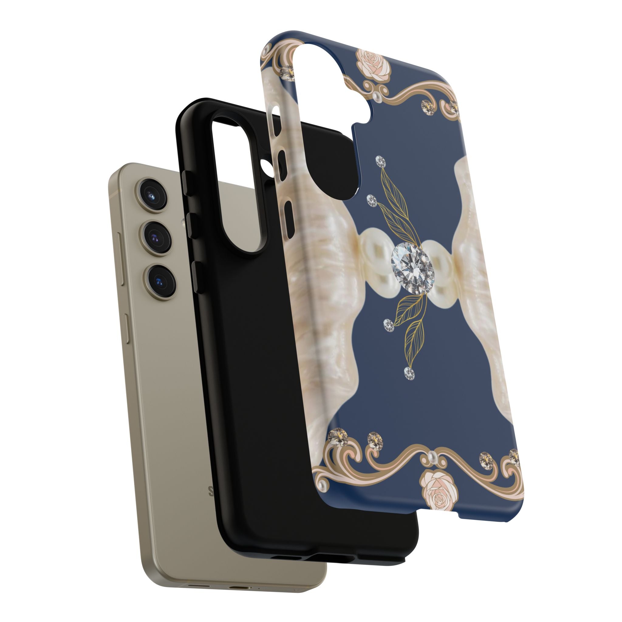 Navy Pearl & Diamond Phone Case — Elegant Floral Baroque Tough Case