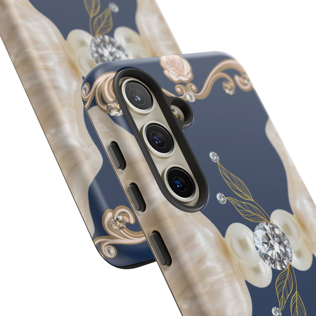 Navy Pearl & Diamond Phone Case — Elegant Floral Baroque Tough Case