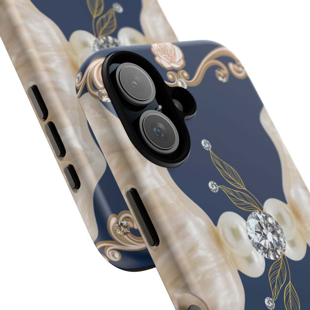 Navy Pearl & Diamond Phone Case — Elegant Floral Baroque Tough Case