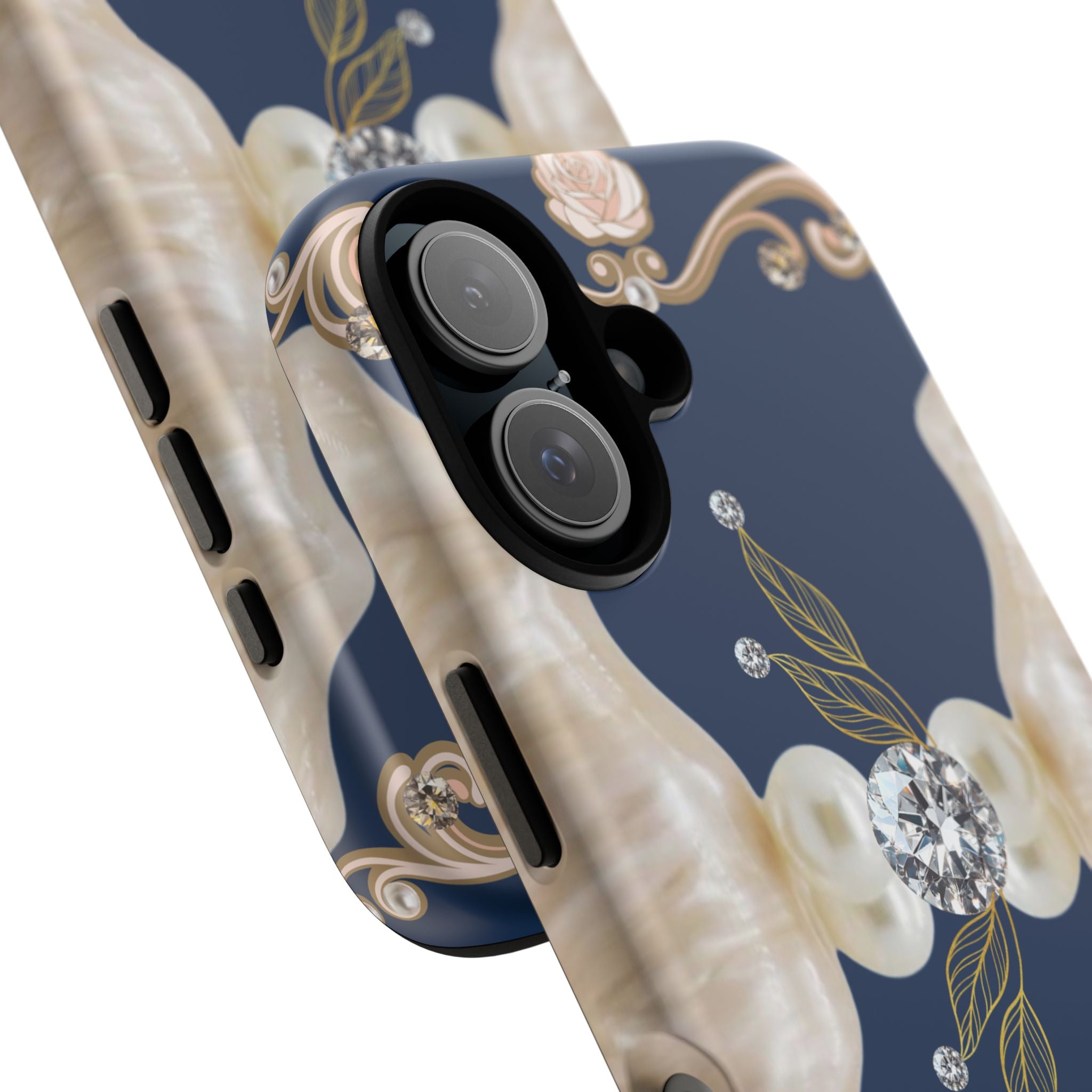 Navy Pearl & Diamond Phone Case — Elegant Floral Baroque Tough Case
